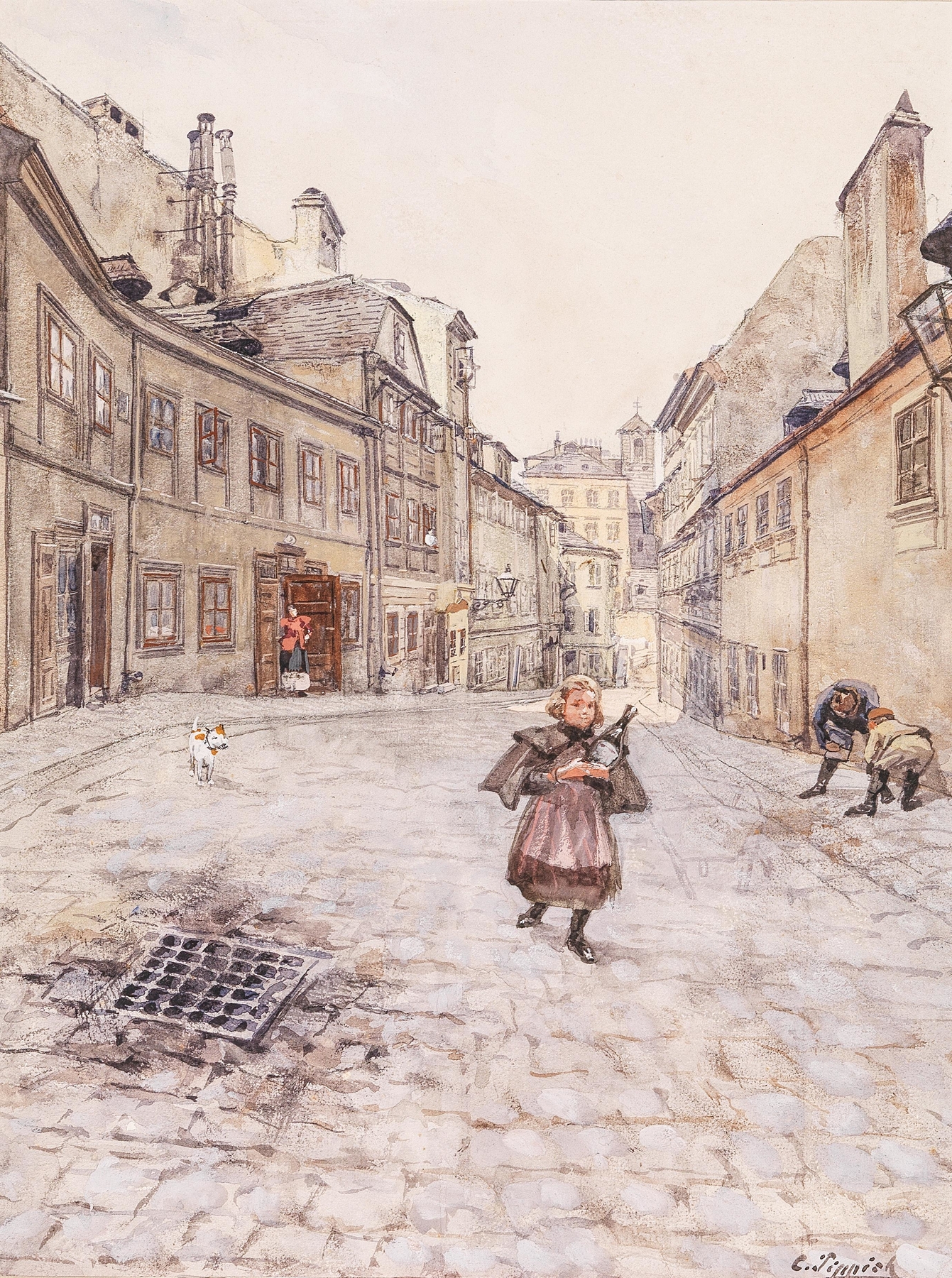 Genre scene of a lively street at twilight, oil painting by Carl Pippich