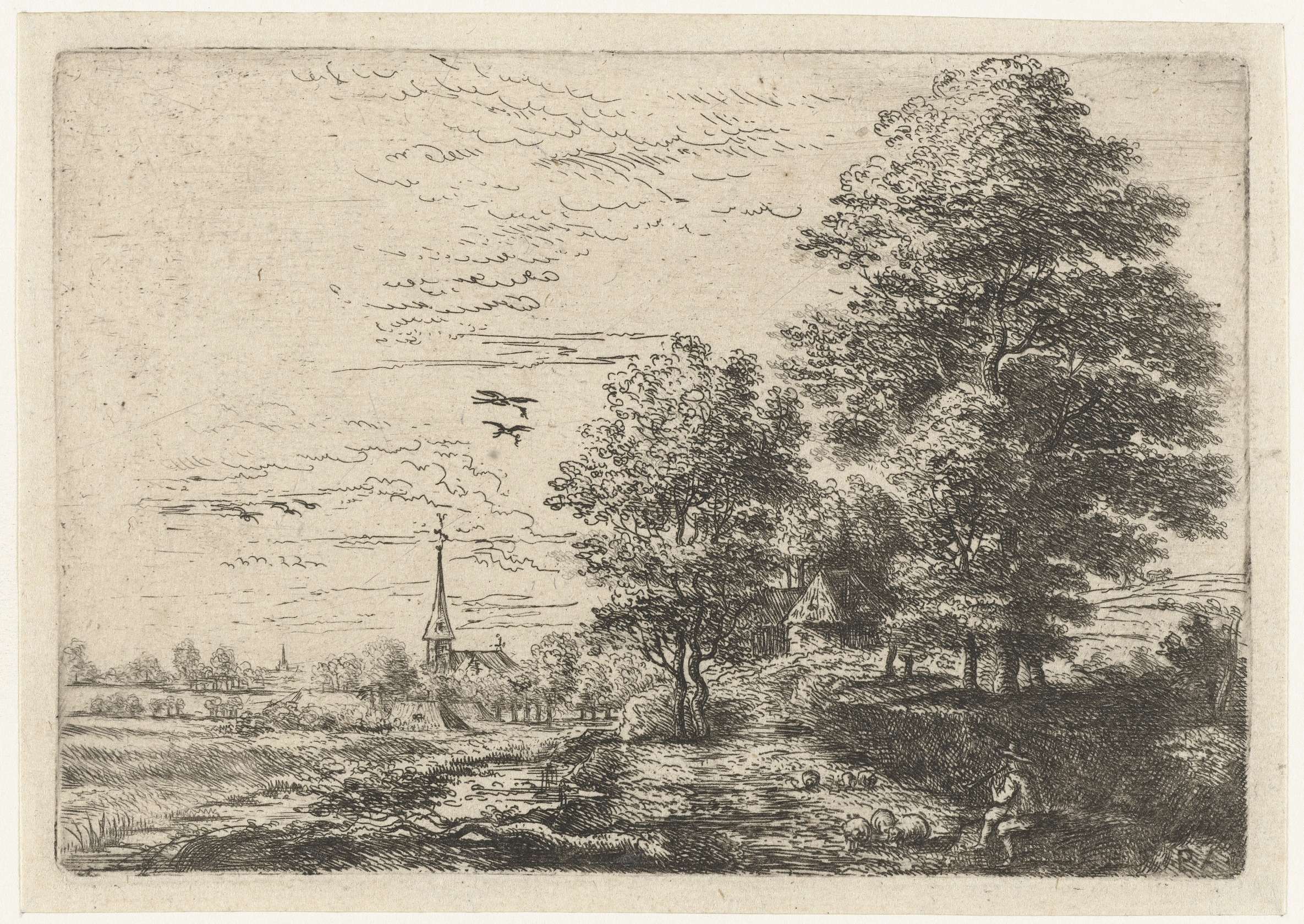 Pastoral landscape with a shepherd and sheep, etching by Philips Augustijn Immenraet