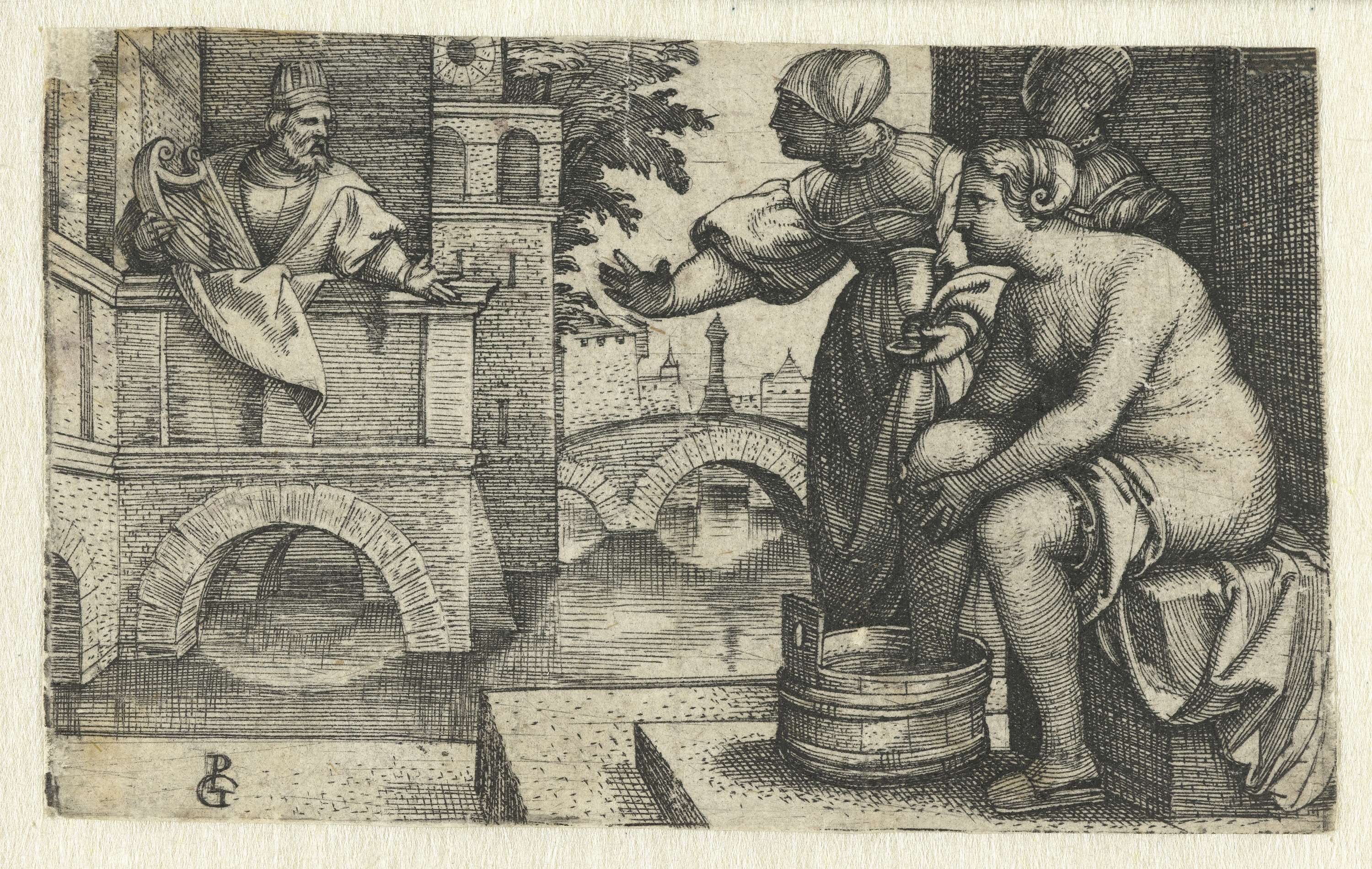 Engraving by Georg Pencz depicting Bathsheba in her bath surrounded by foliage.