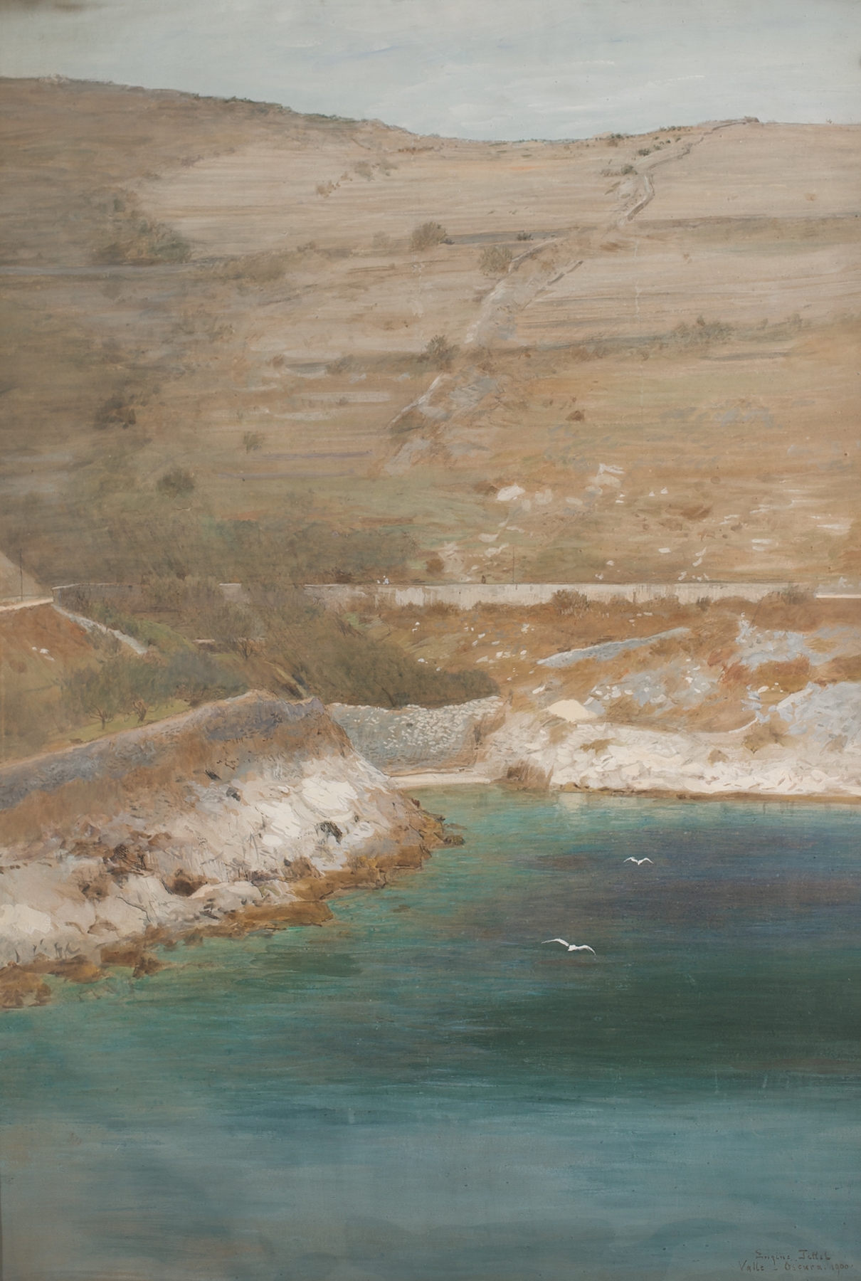 Landscape oil painting by Eugen Jettel featuring jagged cliffs and a stormy sky