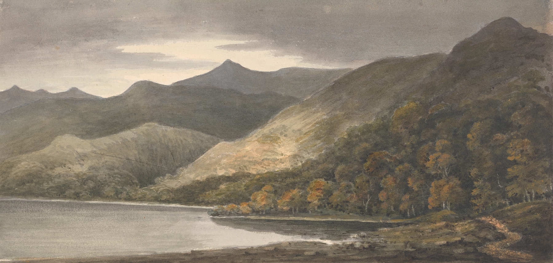 Killarney landscape by Isaac Weld, depicting mountains and mist over the lake, oil painting