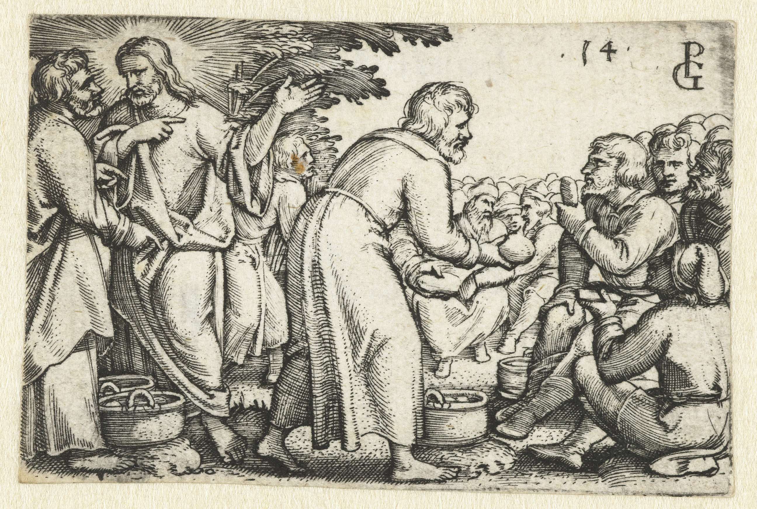 Engraving by Georg Pencz showing figures gathered around a table with food.