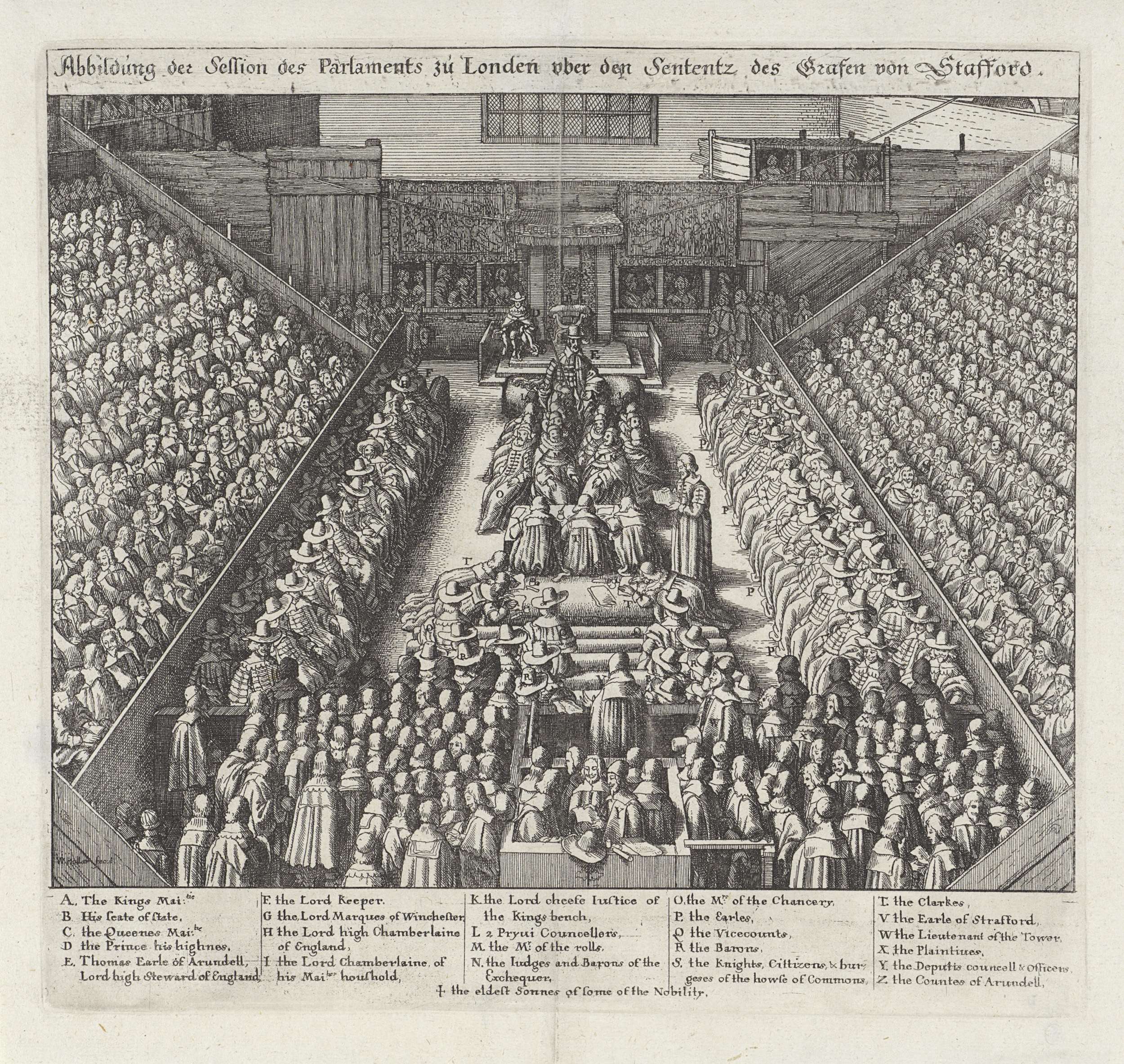 Etching by Wenceslaus Hollar depicting the British Parliament during the trial of Thomas Wentworth