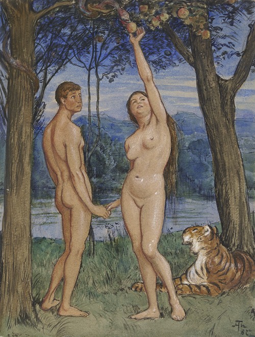 The painting depicts Adam and Eve in a lush garden, surrounded by trees and animals.