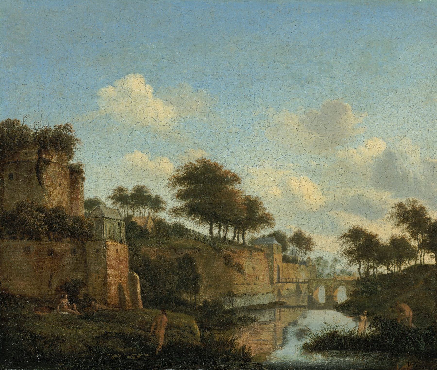 A fortified town with bathing figures, oil on canvas by Jan van der Heyden