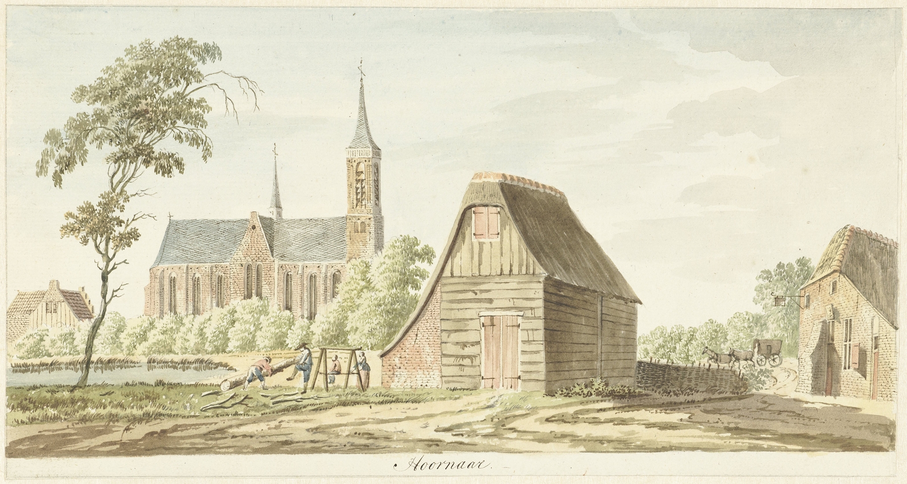 Landscape of Gezicht op het dorp Hoornaar by Hendrik Tavenier, oil painting depicting a village at sunset.
