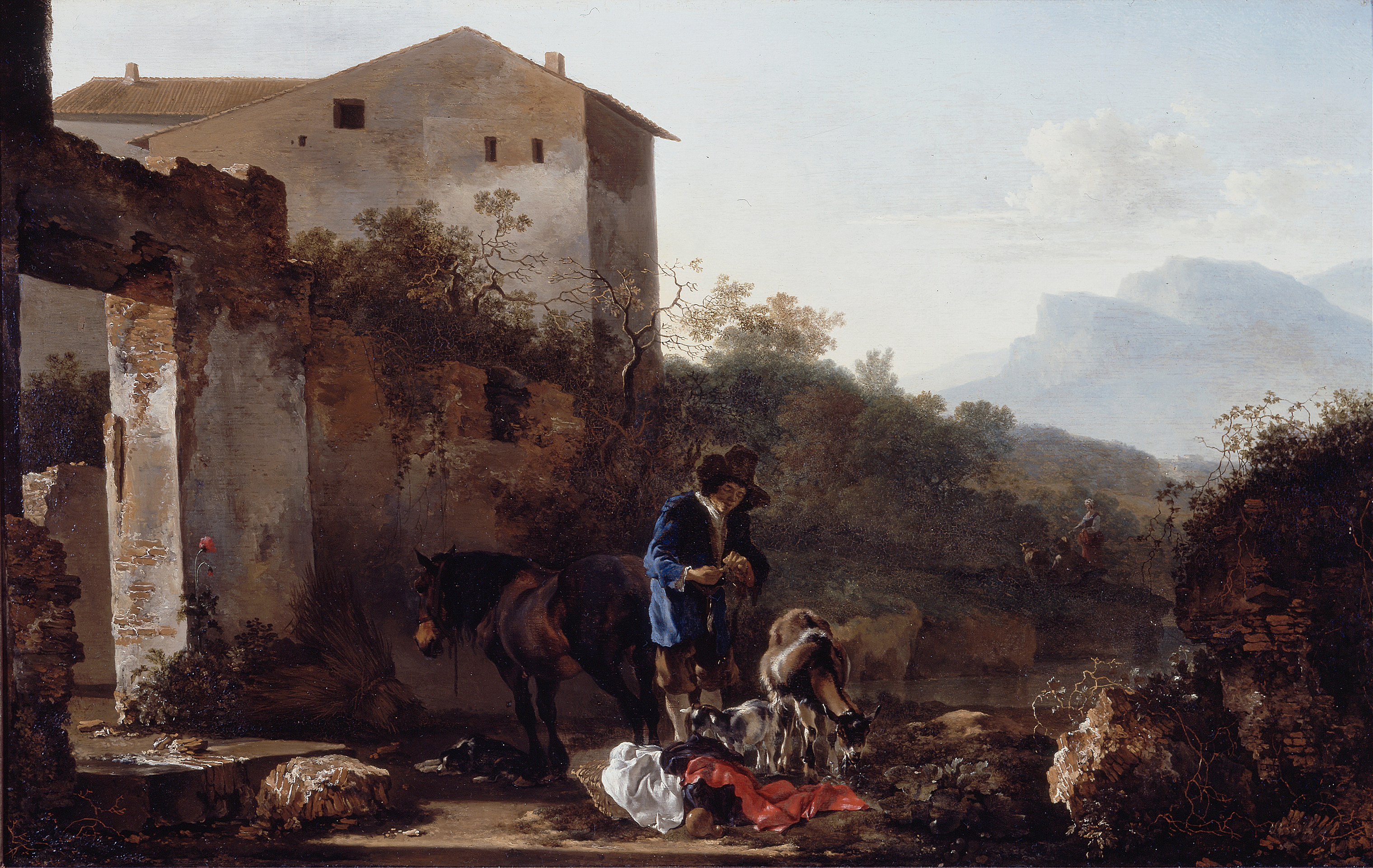 Landscape with a Goatherd, oil on canvas by Adam Pynacker, depicting a goatherd in a serene landscape.