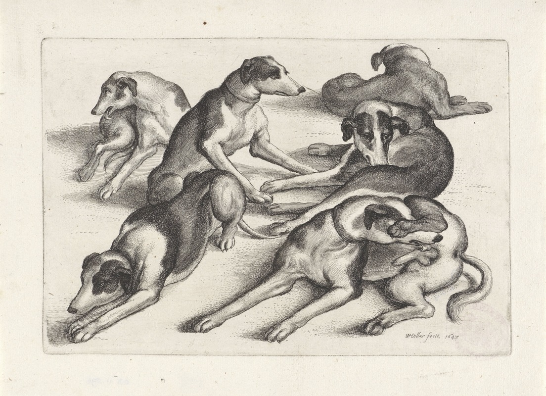 A painting depicting five hounds lying on the ground, licking themselves.
