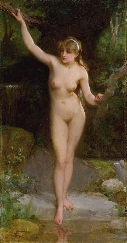 A serene depiction of a young woman bathing in a natural setting.