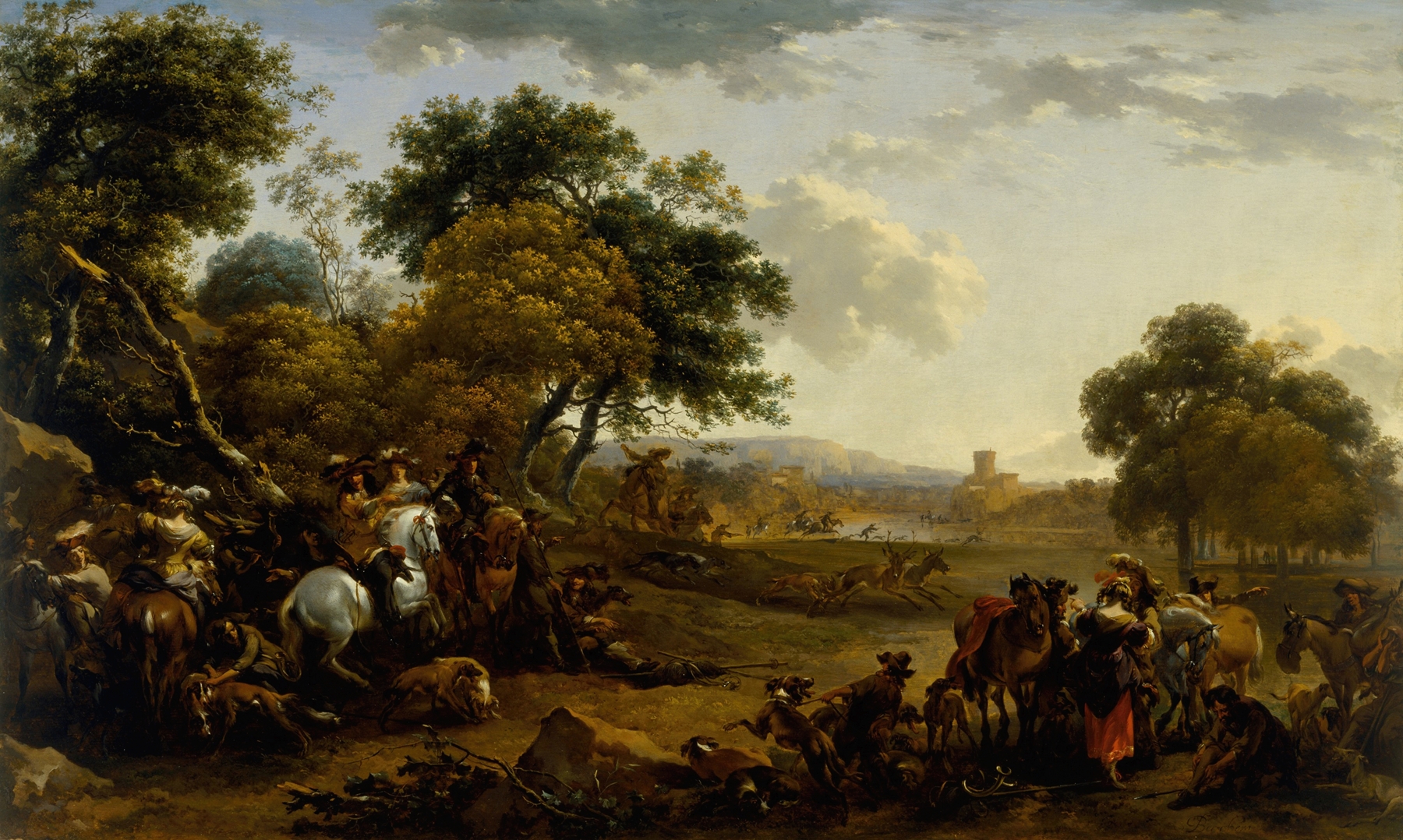 Landscape with a Hunting Party, by Nicolaes Pietersz Berchem, public domain