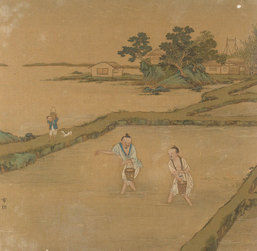 Genre scene depicting rice and silk culture by Qiu Ying, silk medium