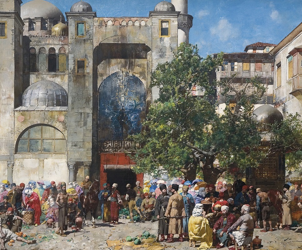 A vibrant market scene depicting figures in traditional clothing.