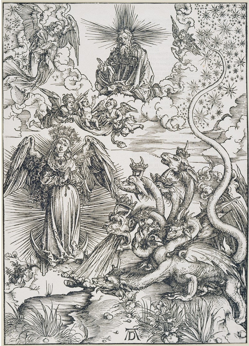 Albrecht Dürer's 'Das Sonnenweib und der siebenköpfige Drache' depicts a powerful allegorical scene.