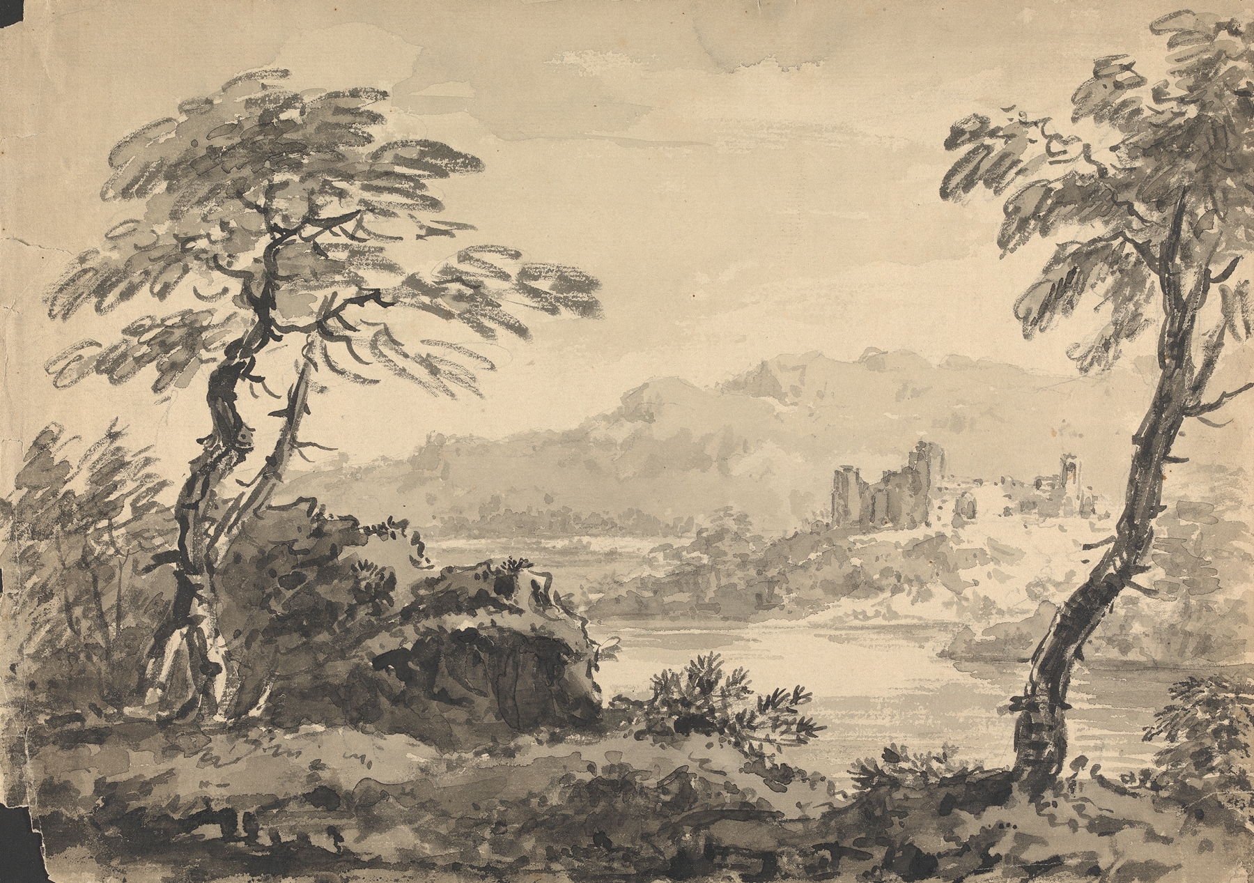 Landscape with Two Trees and Castle by William Gilpin, oil painting depicting trees and a castle.