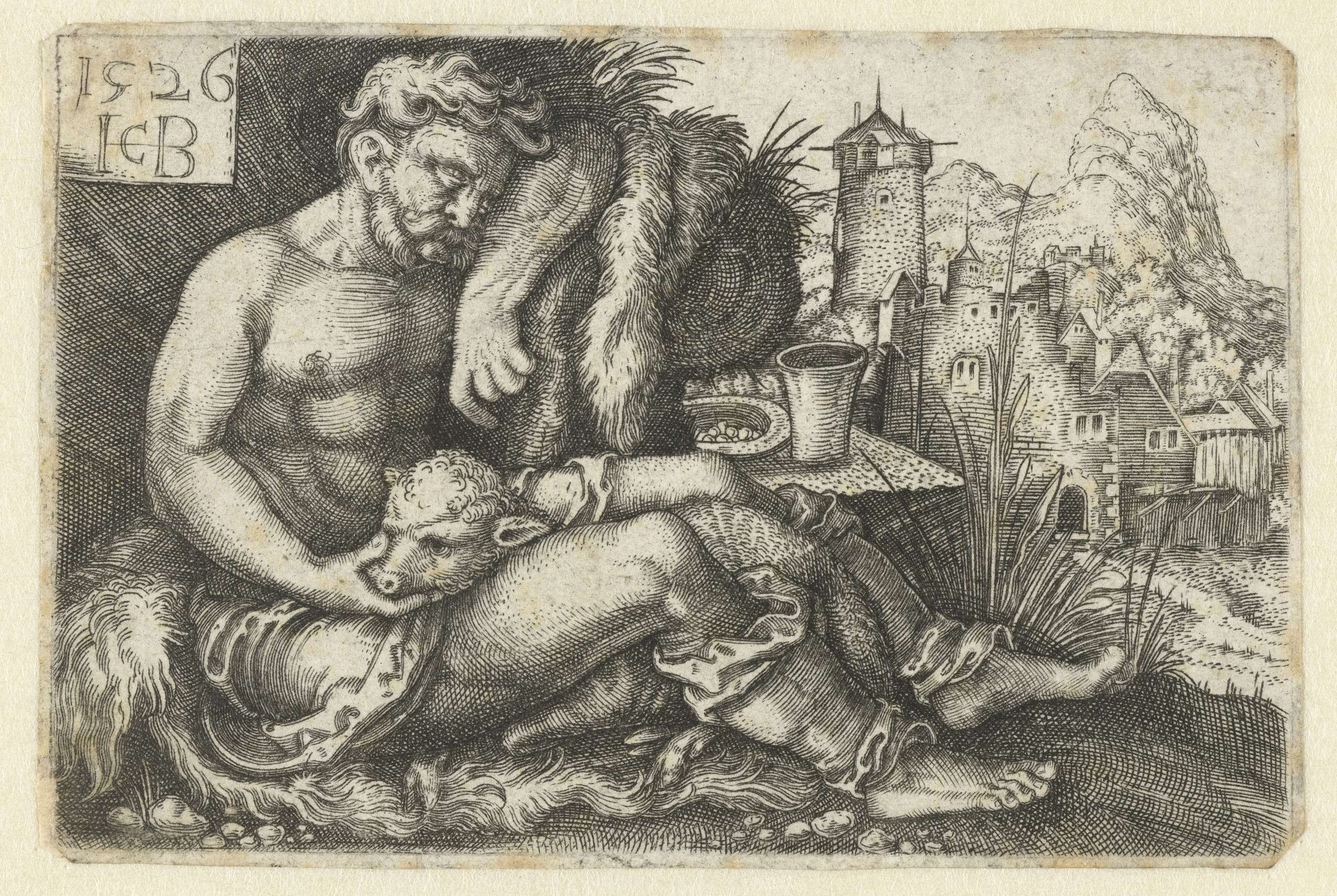 Herder met een schaap, engraving by Jacob Binck, depicting a herder with a sheep in a pastoral landscape.