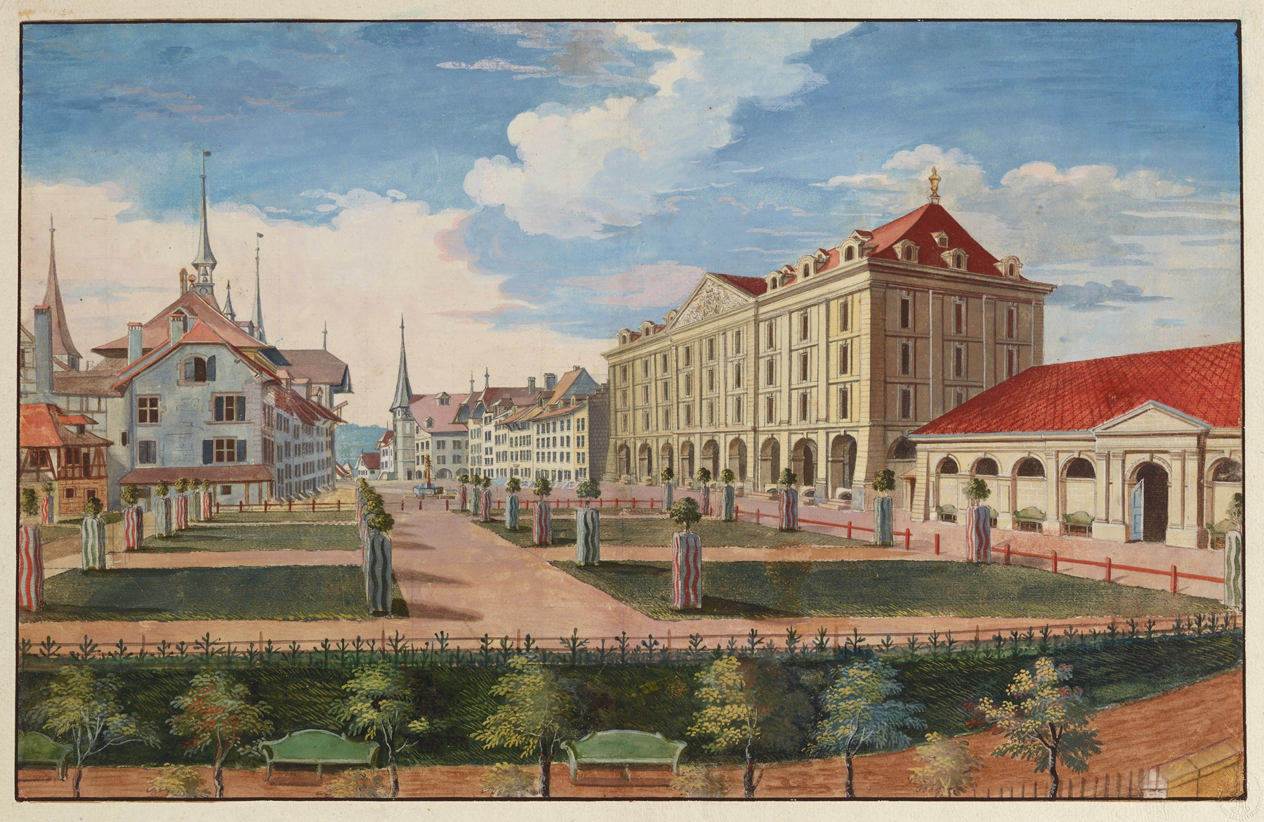 Landscape featuring Kornhaus in Bern, oil on canvas by Johann Grimm