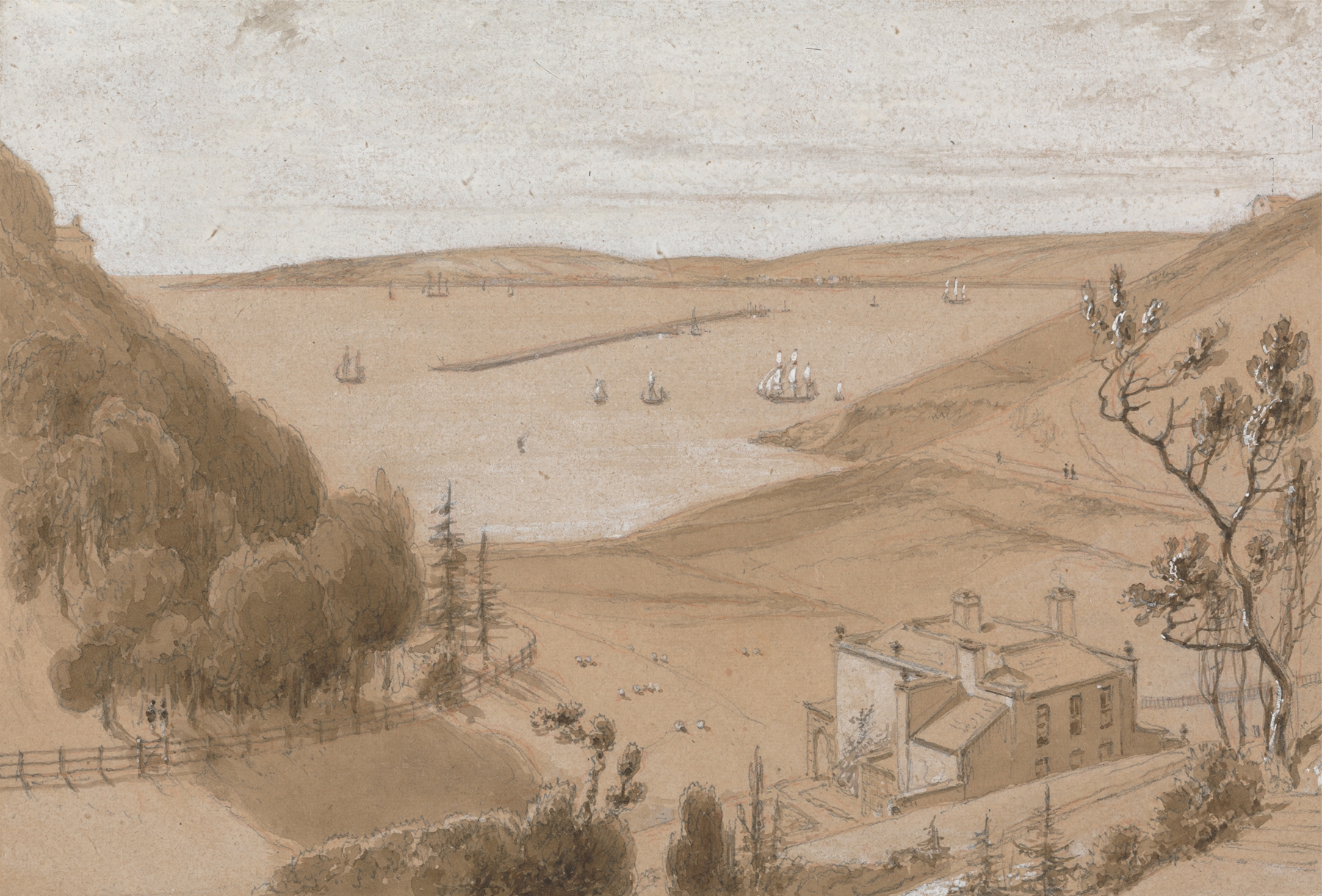 Marine scene with gentle waves and hills, oil painting by William Daniell