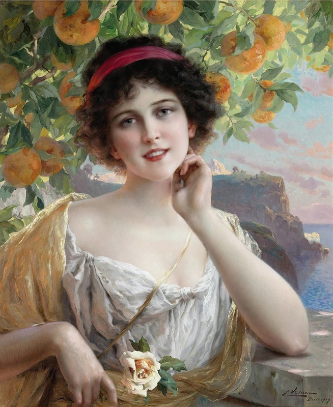 A woman resting under an orange tree in a vibrant garden.