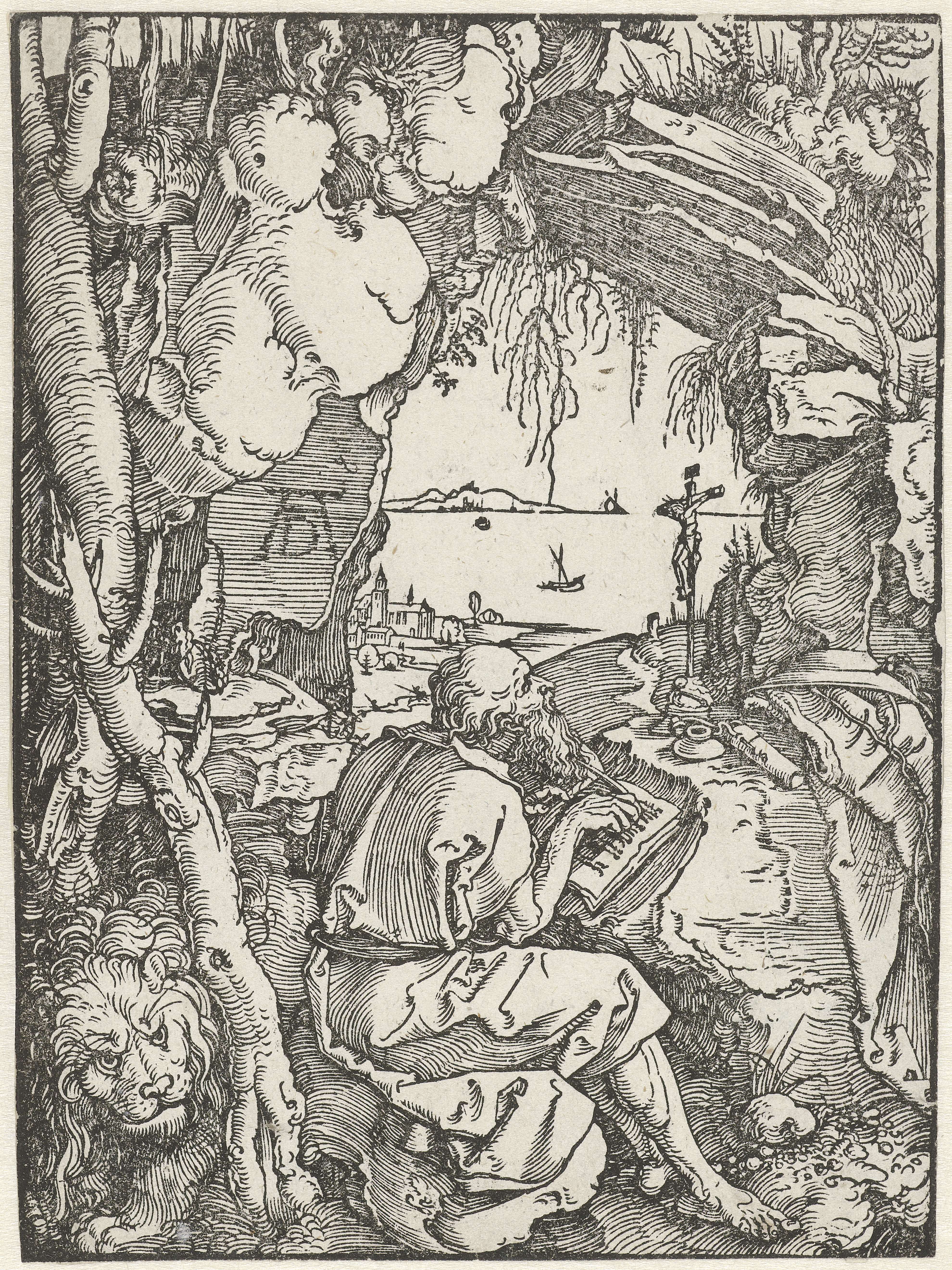 St. Jerome writing in a cave, fur cloak illuminated by light, paper by Albrecht Dürer
