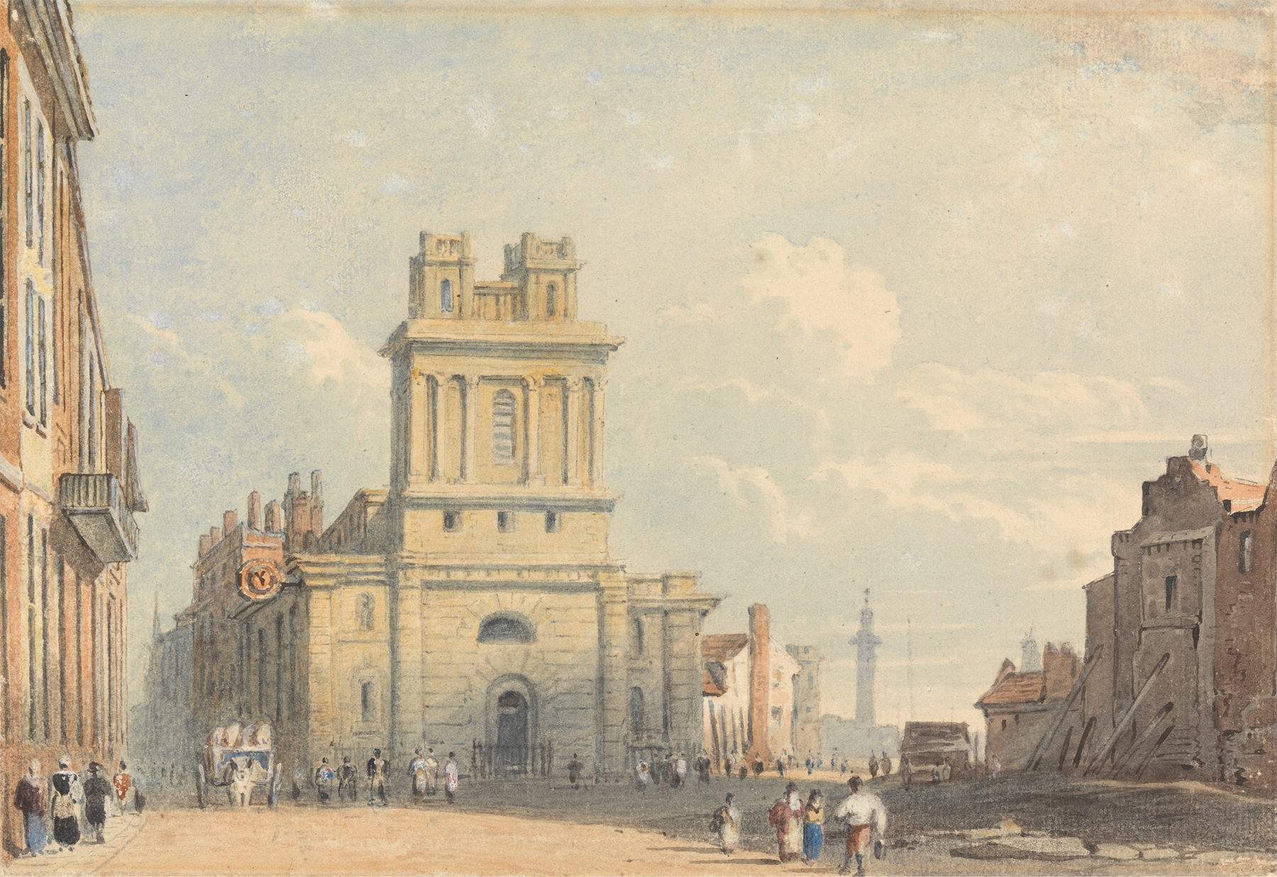 Landscape with a bridge and cityscape by John Varley, medium unknown.