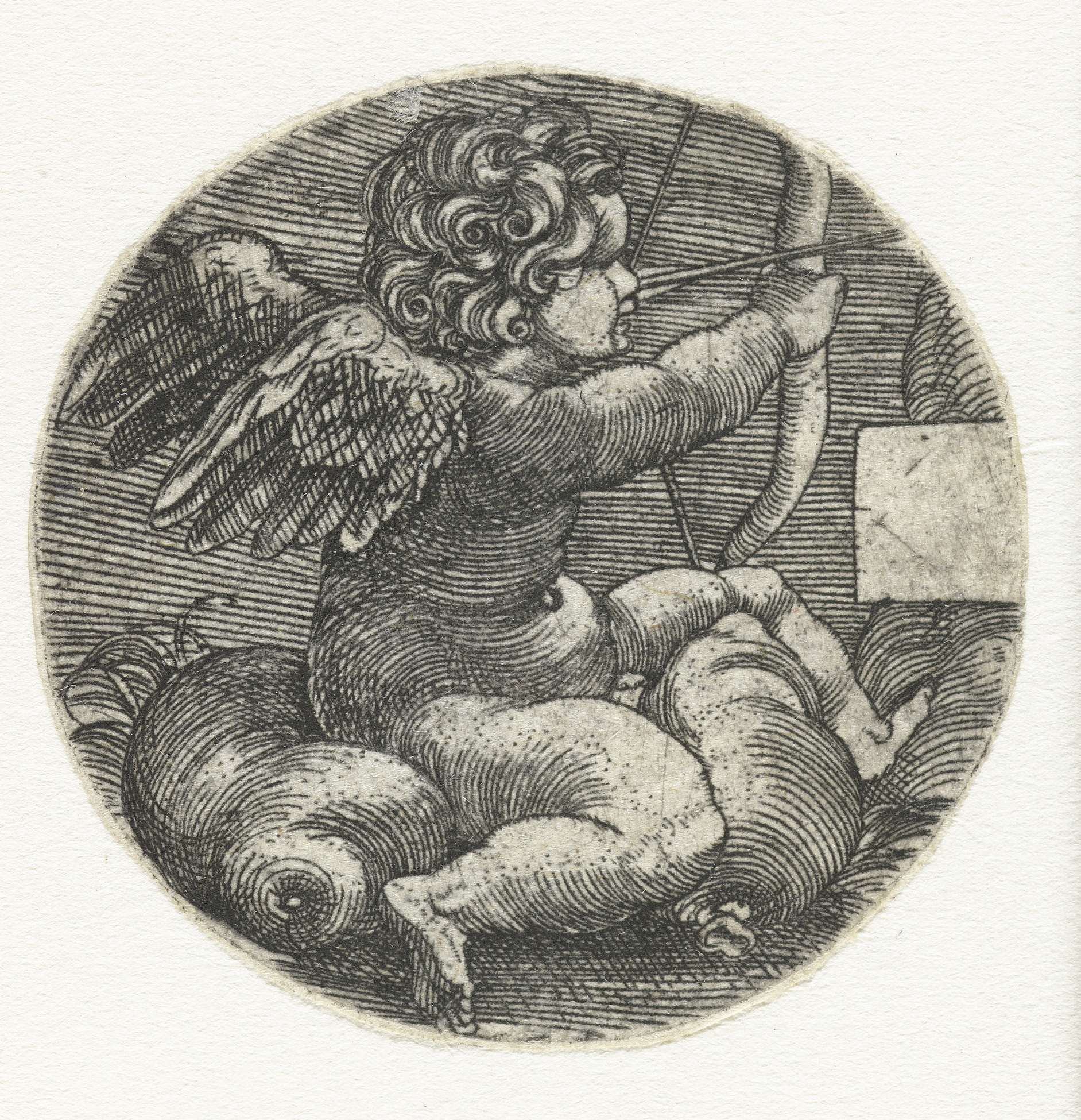 Cupido met pijl en boog gezeten op een kussen, by Barthel Beham, public domain