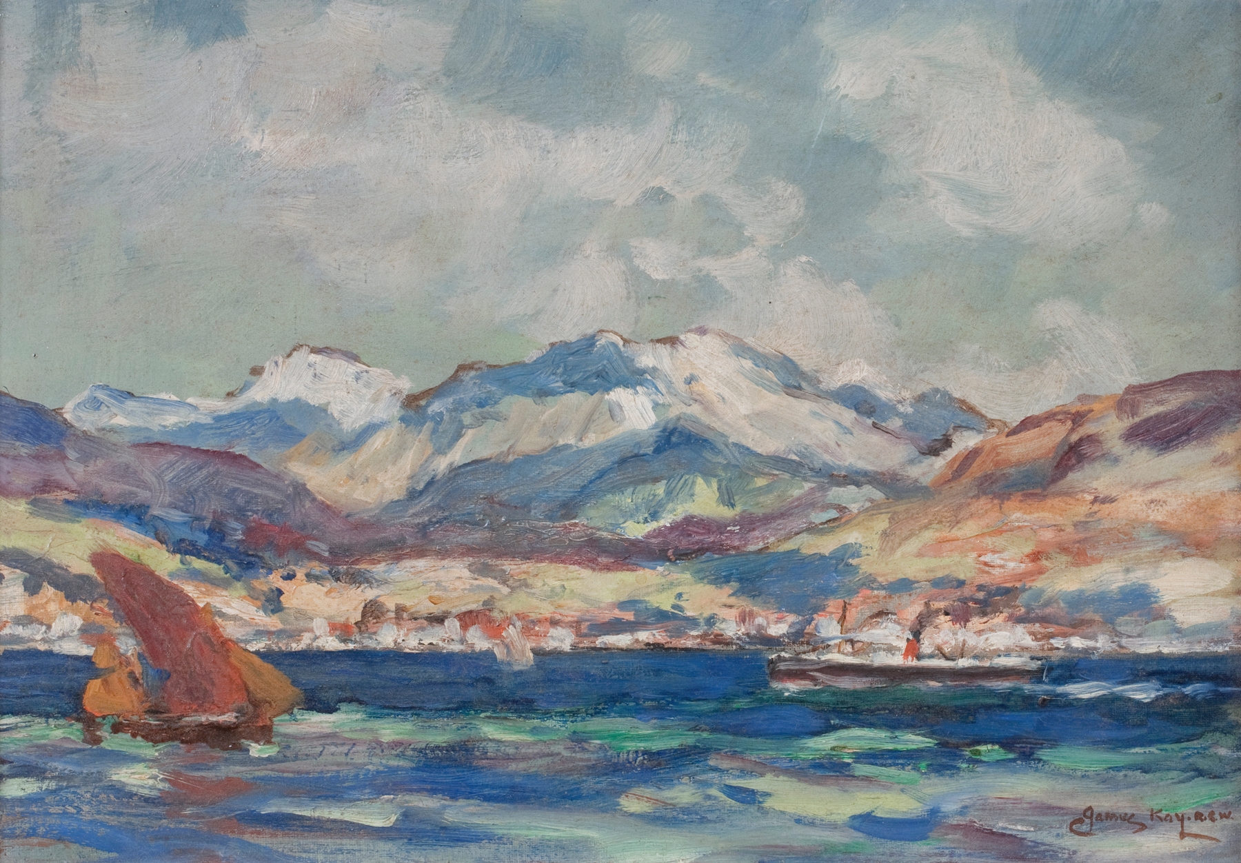 Oil on canvas by James Kay depicting dawn over Holy Loch with soft pastels and reflections.