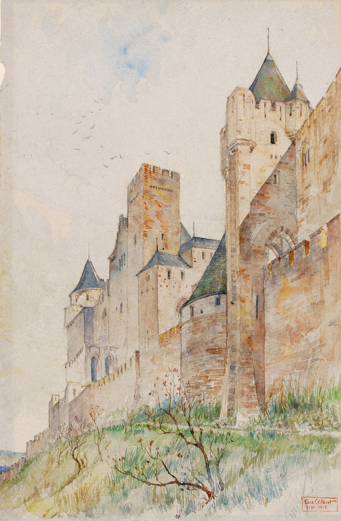Battlements of Carcassonne, France, by Cass Gilbert, public domain