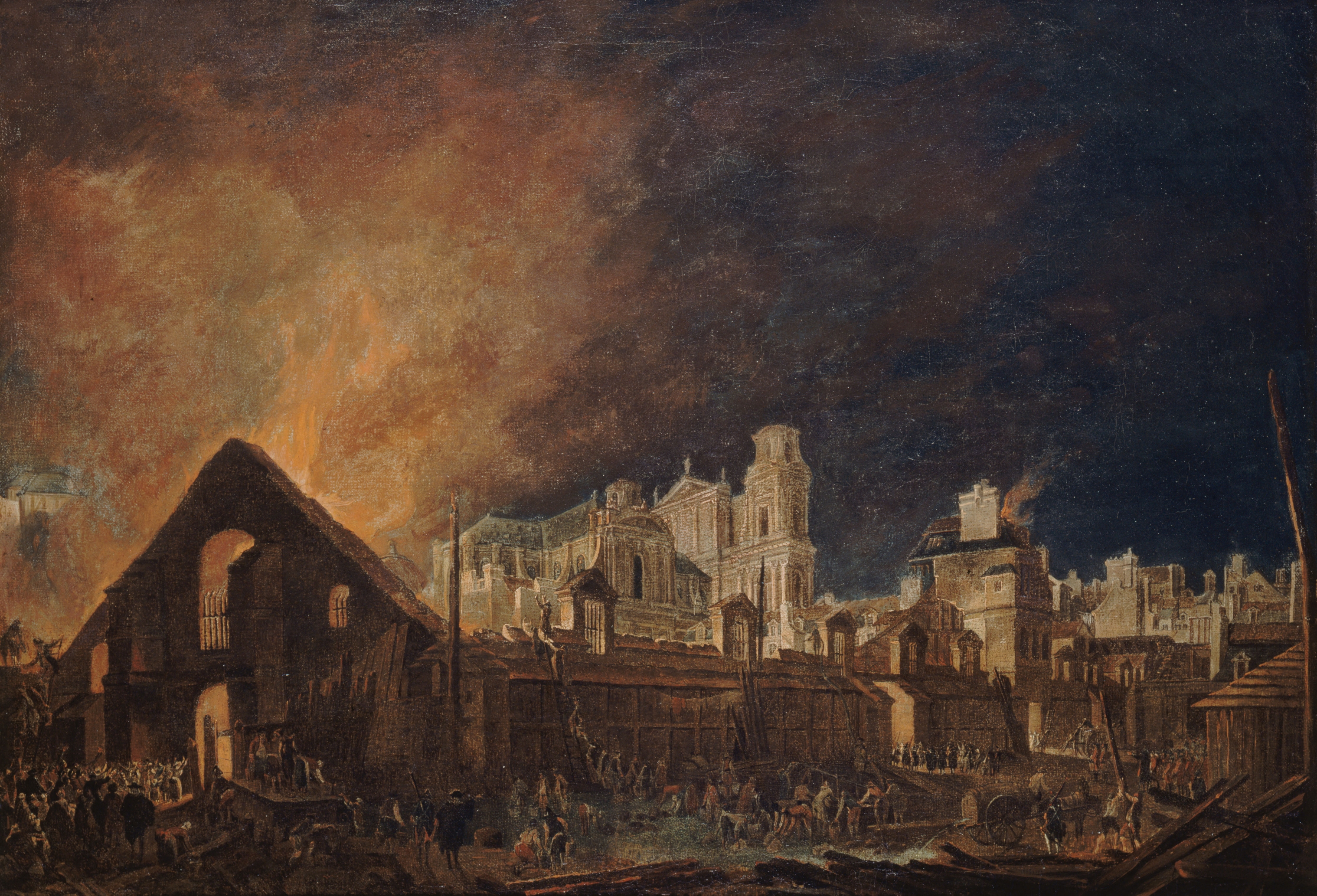 La Foire Saint-Germain pendant l’incendie (nuit du 16 au 17 mars 1762), by Pierre-Antoine Demachy, public domain