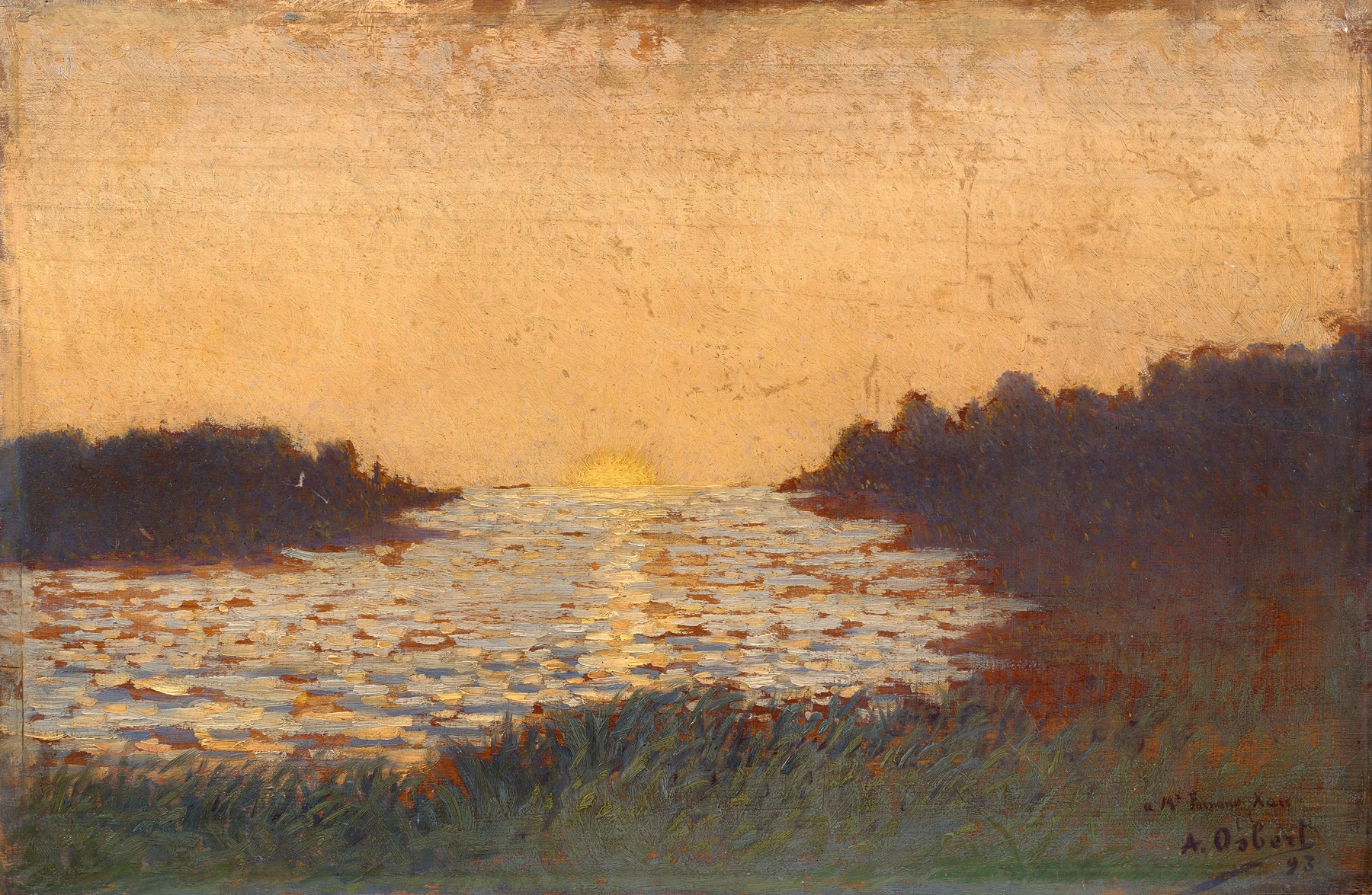 Le coucher de soleil, oil on canvas by Alphonse Osbert, depicting a vibrant sunset over water.