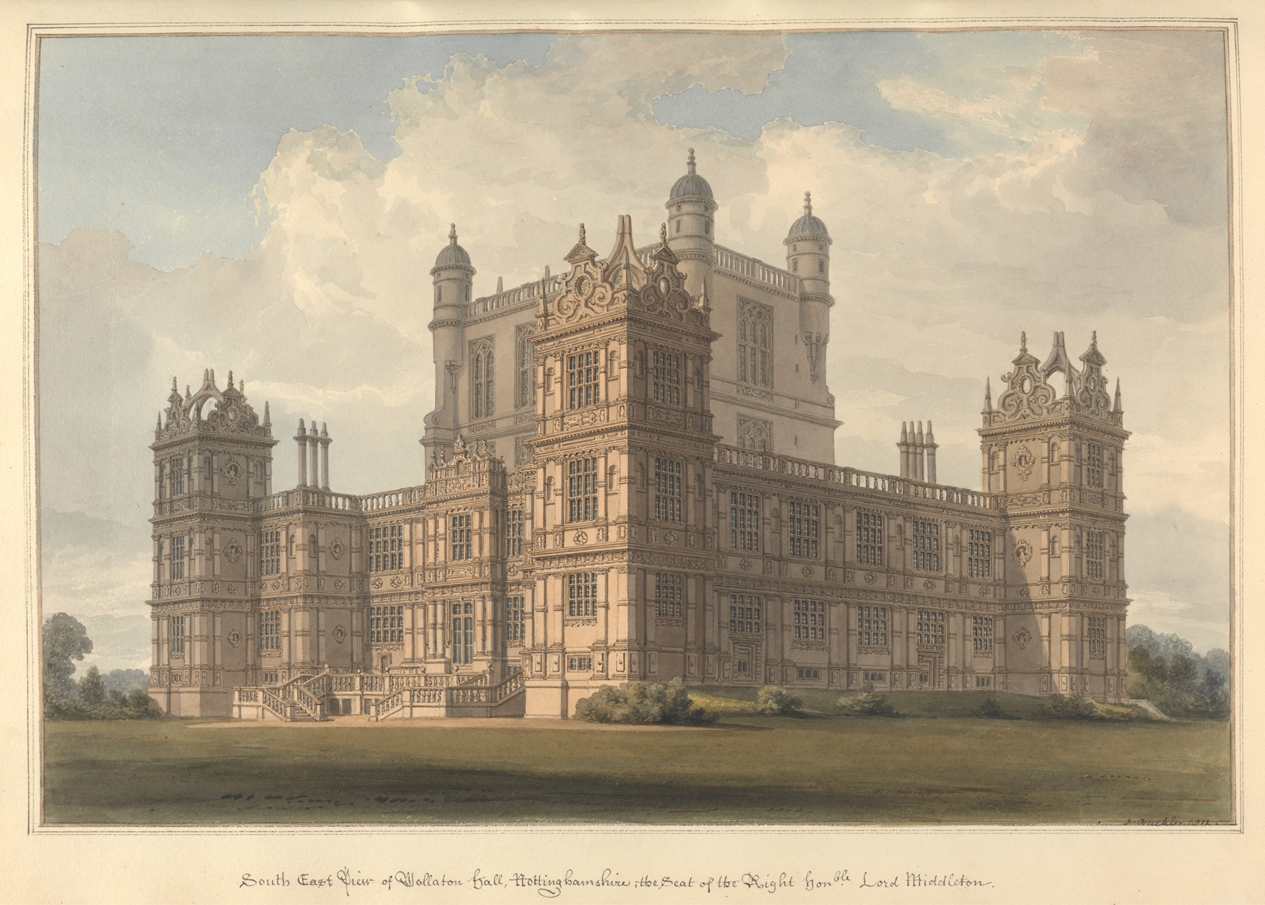 Watercolour by John Buckler depicting Wollaton Hall in a lush landscape