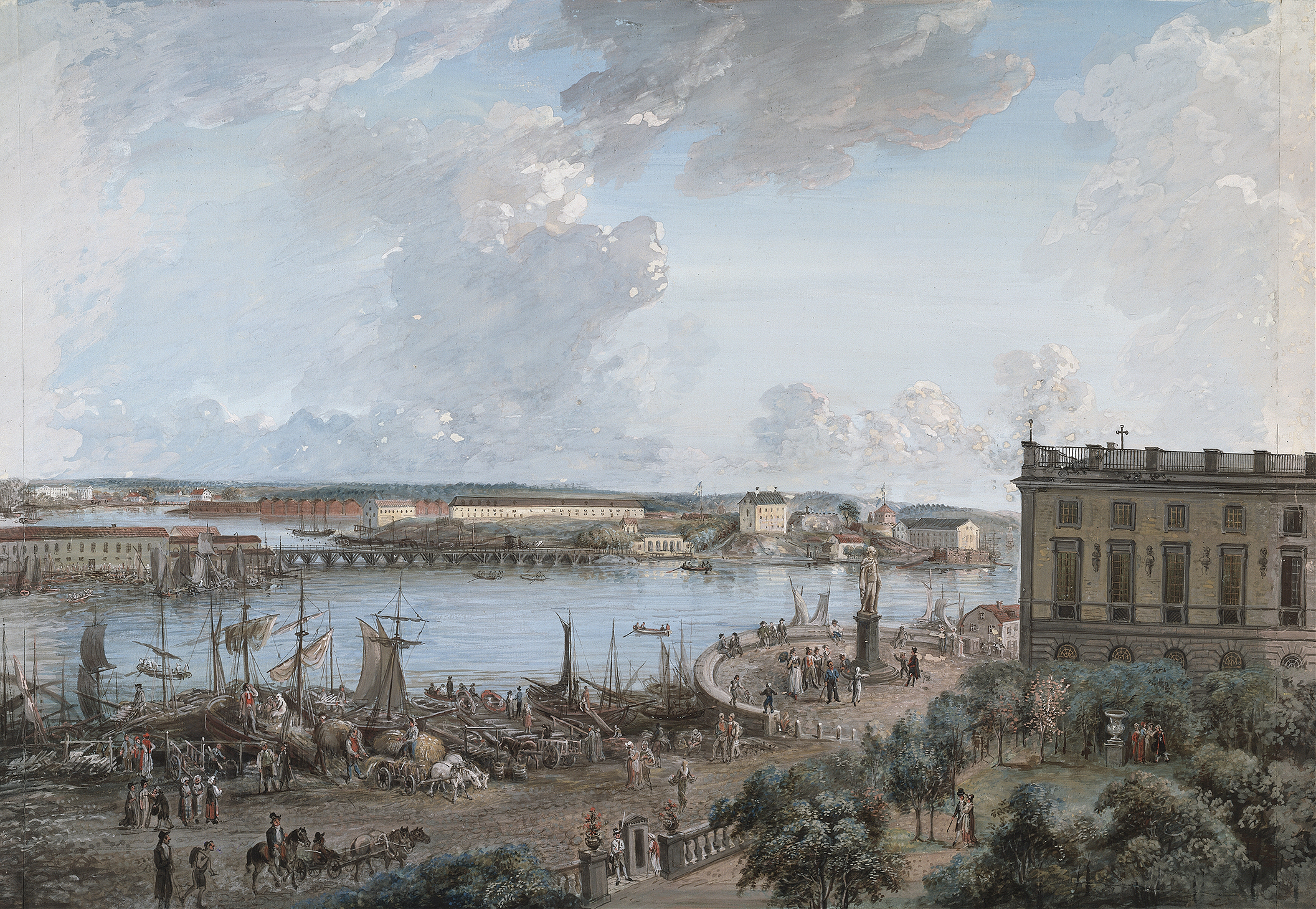 Landscape of Stockholm with soft blues and pinks, oil painting by Elias Martin