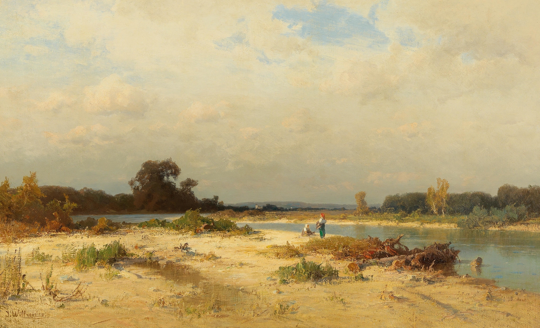 Realism oil painting by Josef Willroider depicting women gathering wood by a river