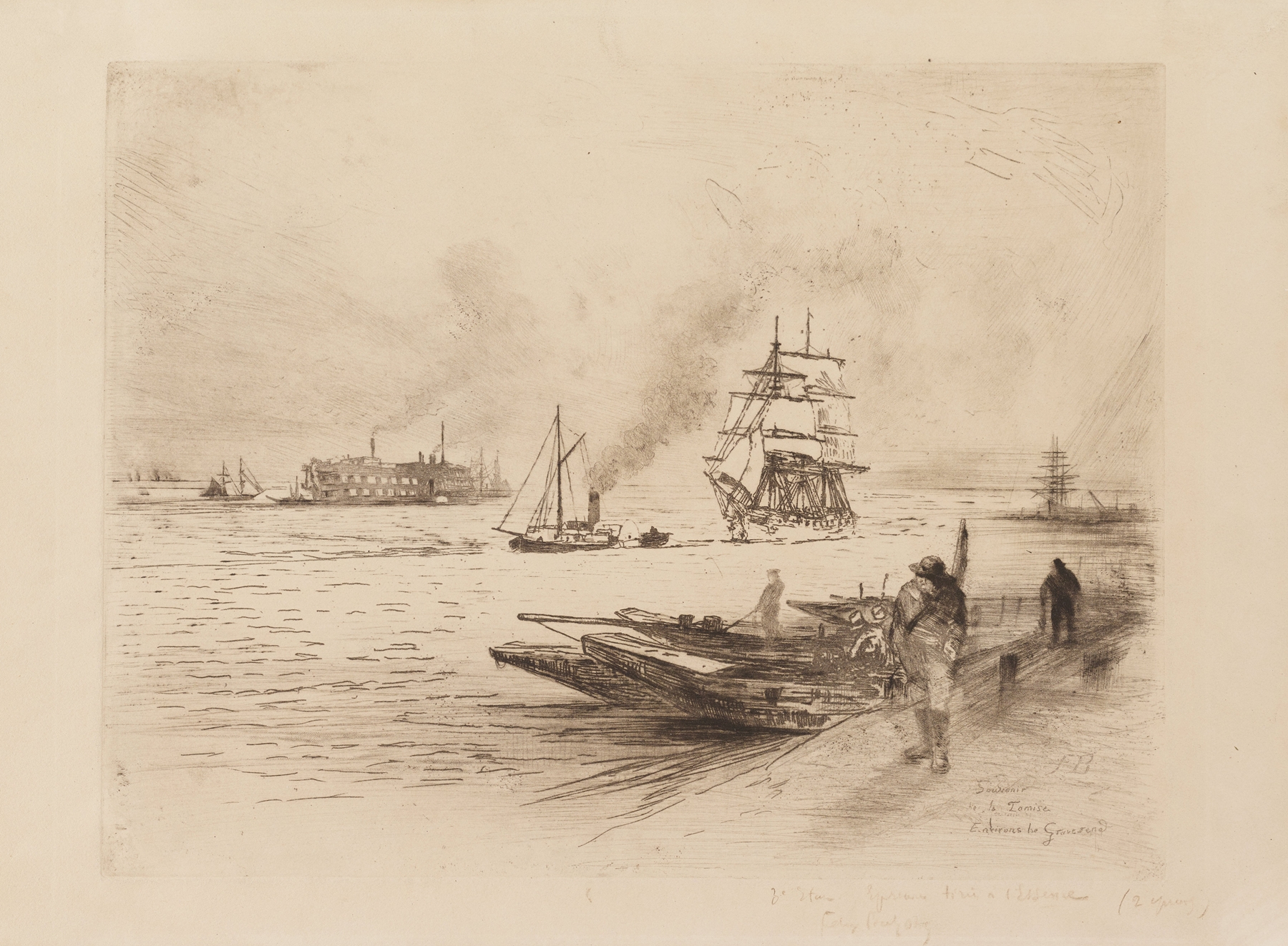 Etching by Félix Hilaire Buhot depicting a serene river landscape at twilight.