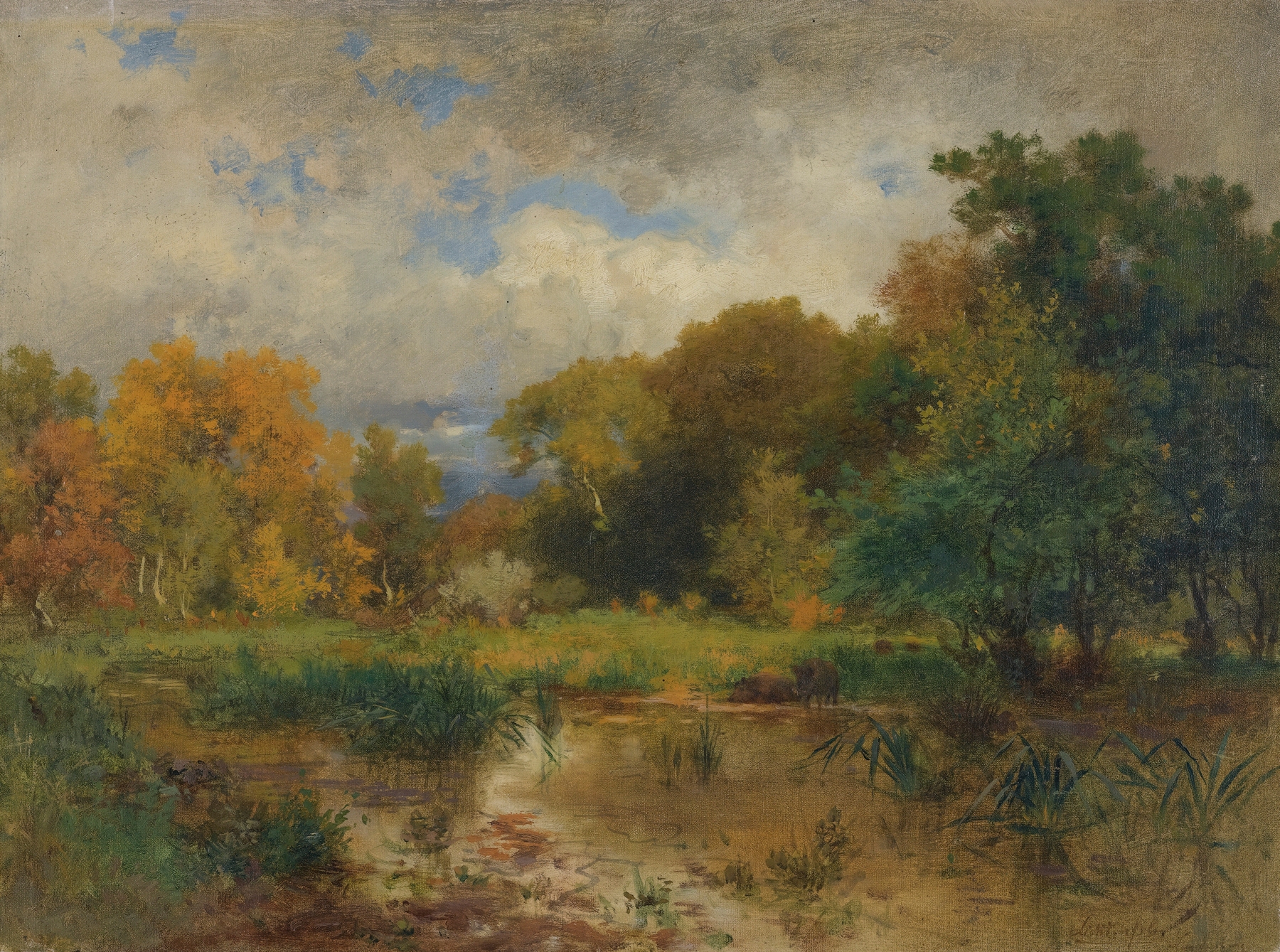 River landscape with gentle slopes and soft light, oil painting by Eduard Peithner von Lichtenfels