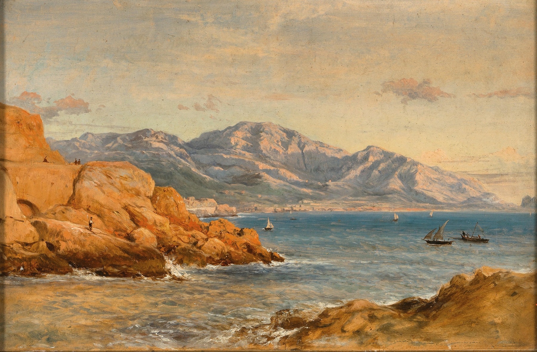 Luminous landscape of Bay in Terracina by Johann Jakob Frey, oil on canvas