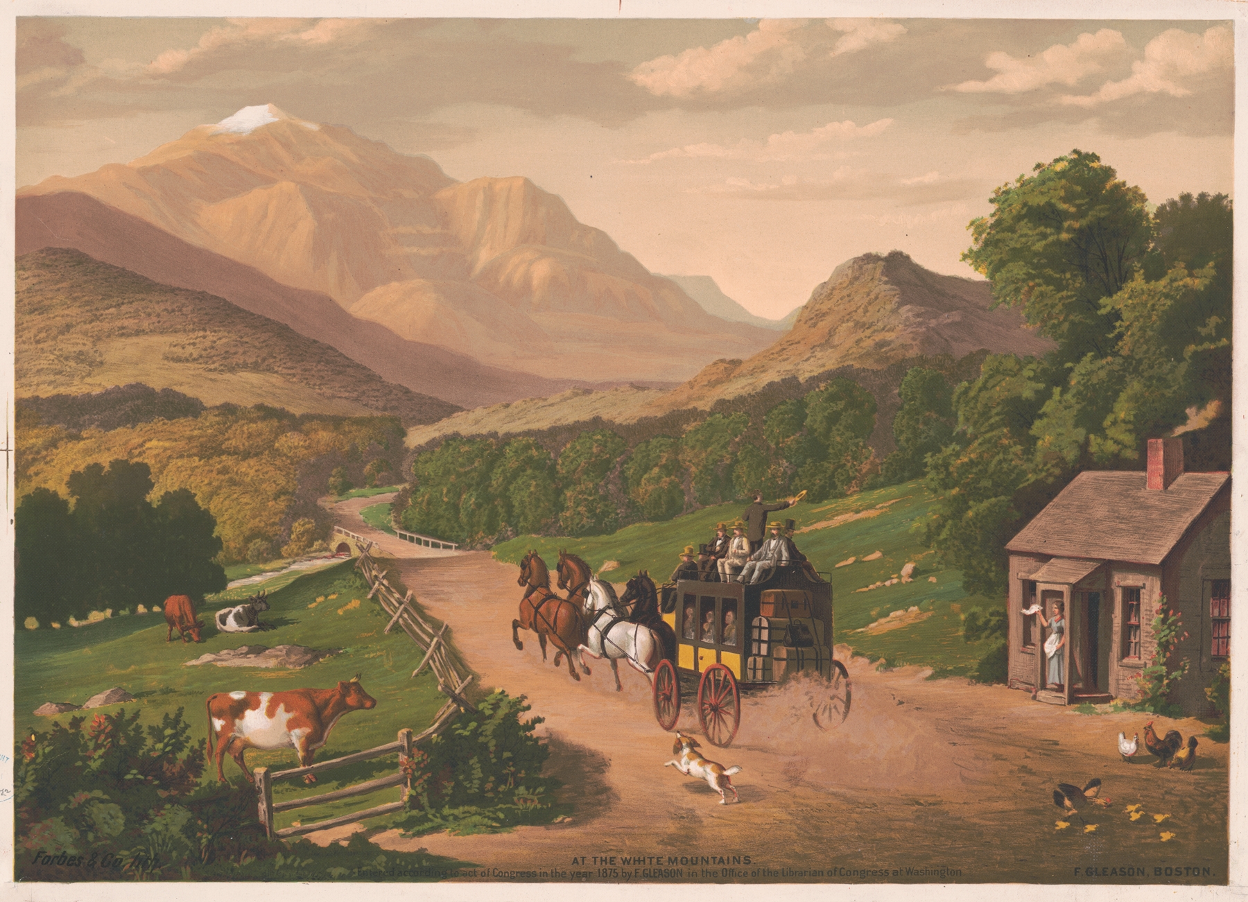 At the White Mountains by F. Gleason, oil painting depicting rugged mountains and a clear sky