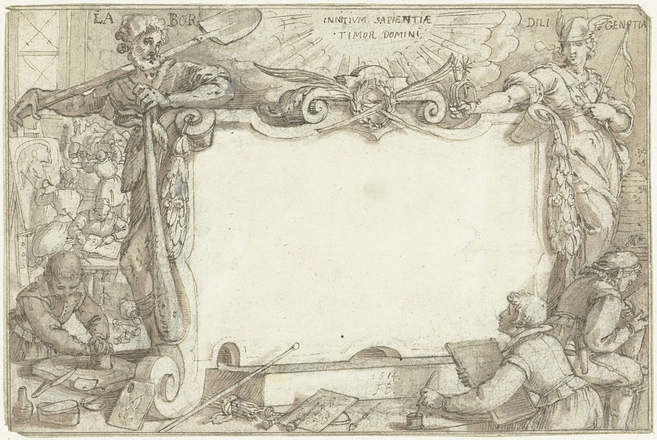 Engraving by Augustin Braun depicting labor and diligence with intricate figures