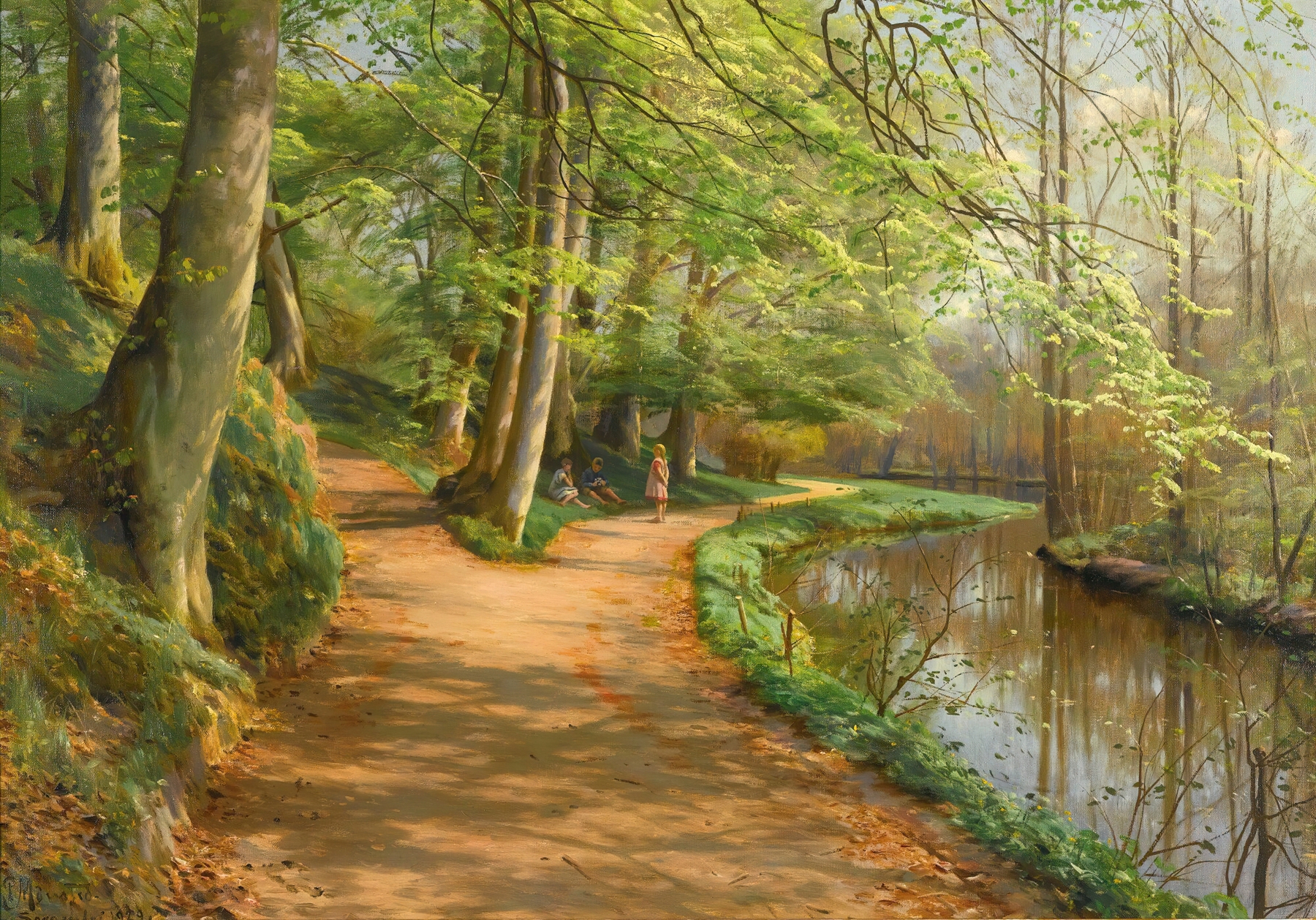 Children By A Stream, oil painting by Peder Mørk Mønsted showing children playing by a stream