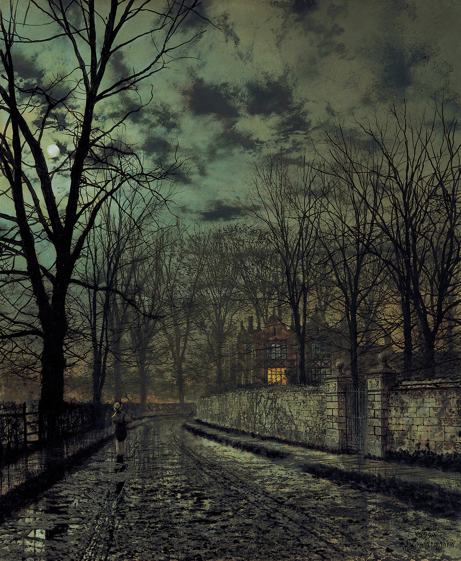 Oil painting by John Atkinson Grimshaw featuring a solitary figure in twilight
