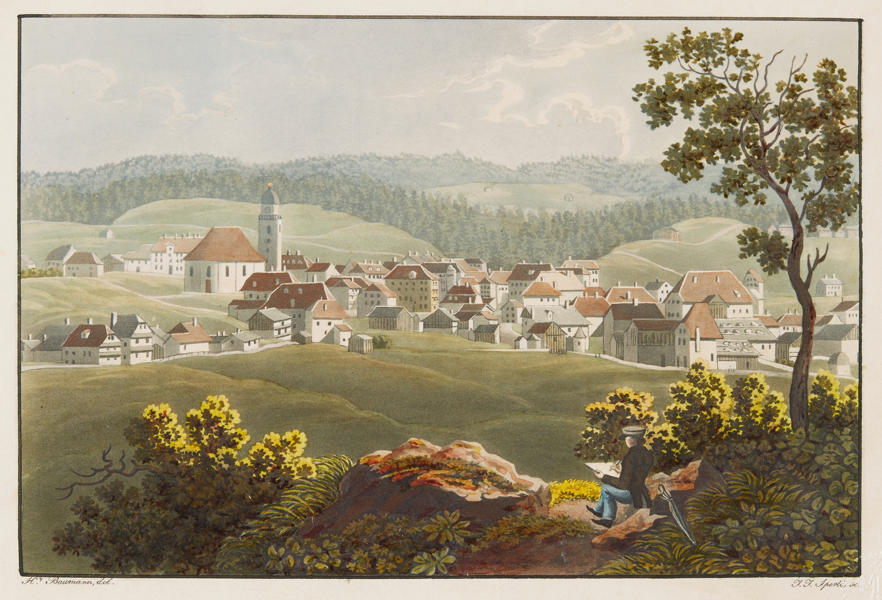 Landscape by Jean Henri Baumann, oil painting depicting serene light.