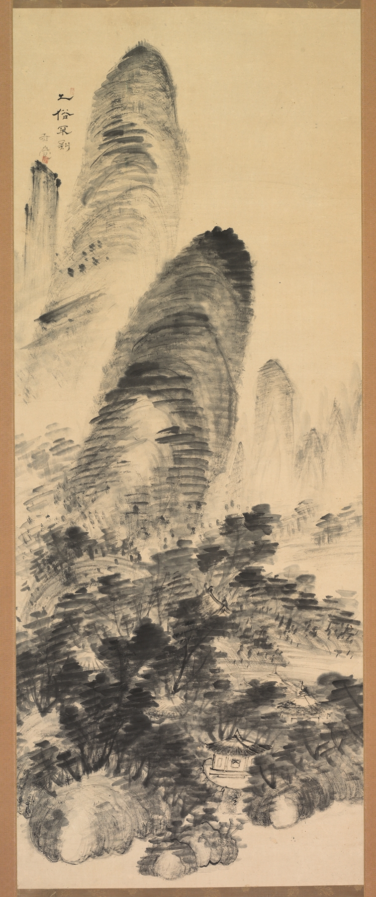 Uragami Gyokudō's ink on paper work featuring graceful figures and swirling patterns.