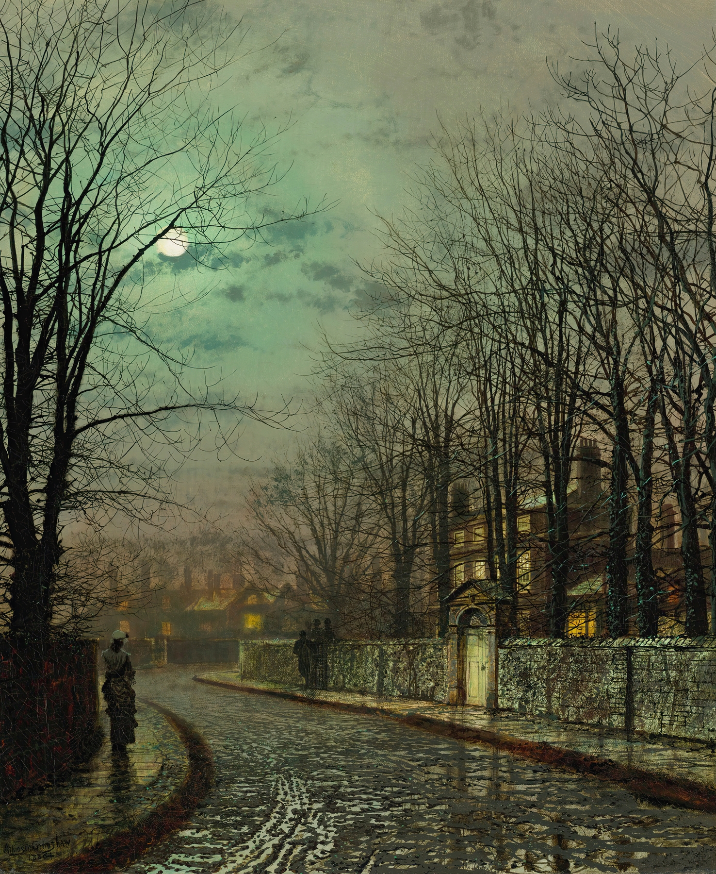 The Tryst by John Atkinson Grimshaw, oil painting depicting a couple in a garden illuminated by a lantern.