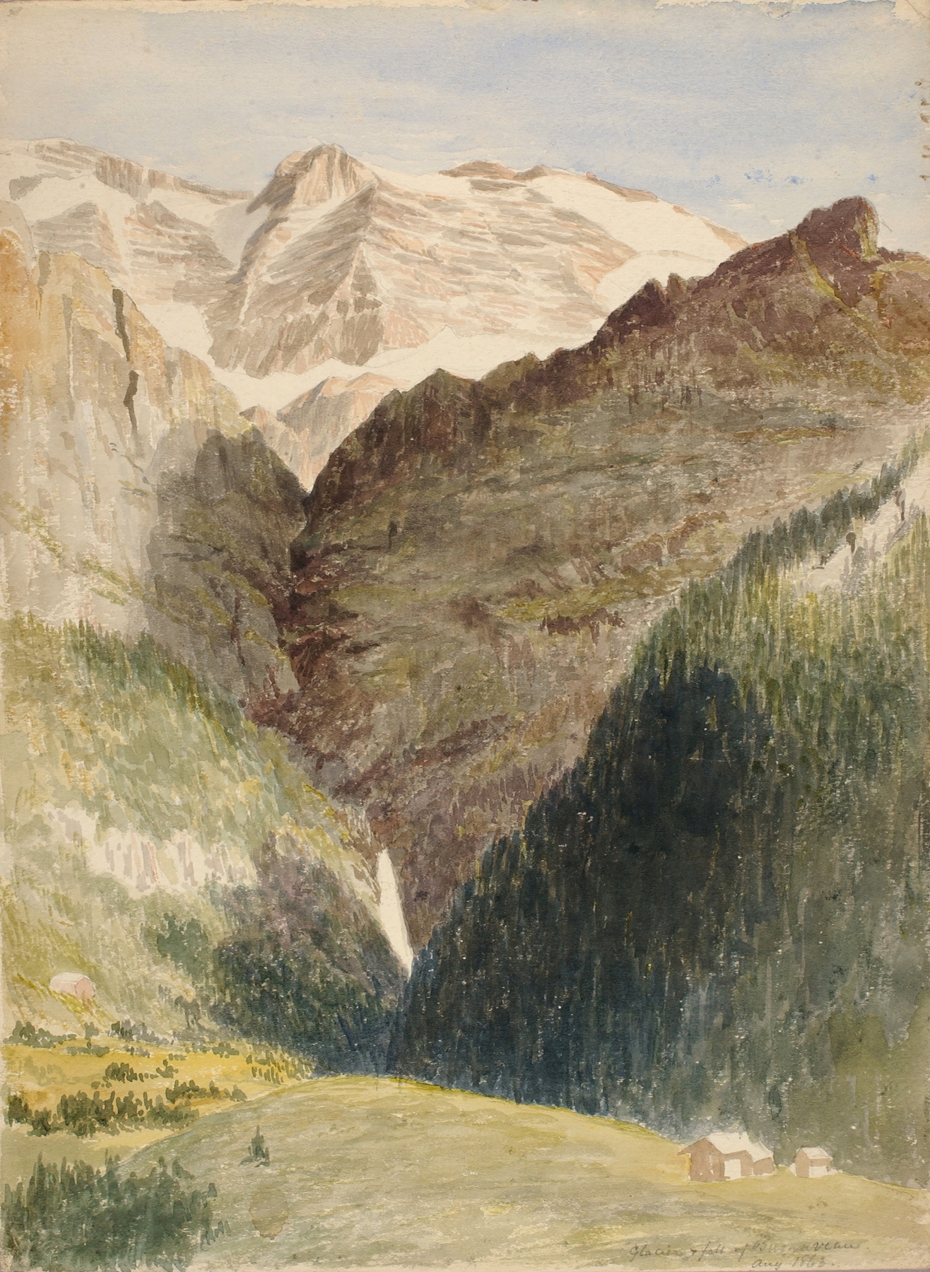 Glacier And Falls oil painting by Miner Kilbourne Kellogg, depicting a glacier and waterfall.