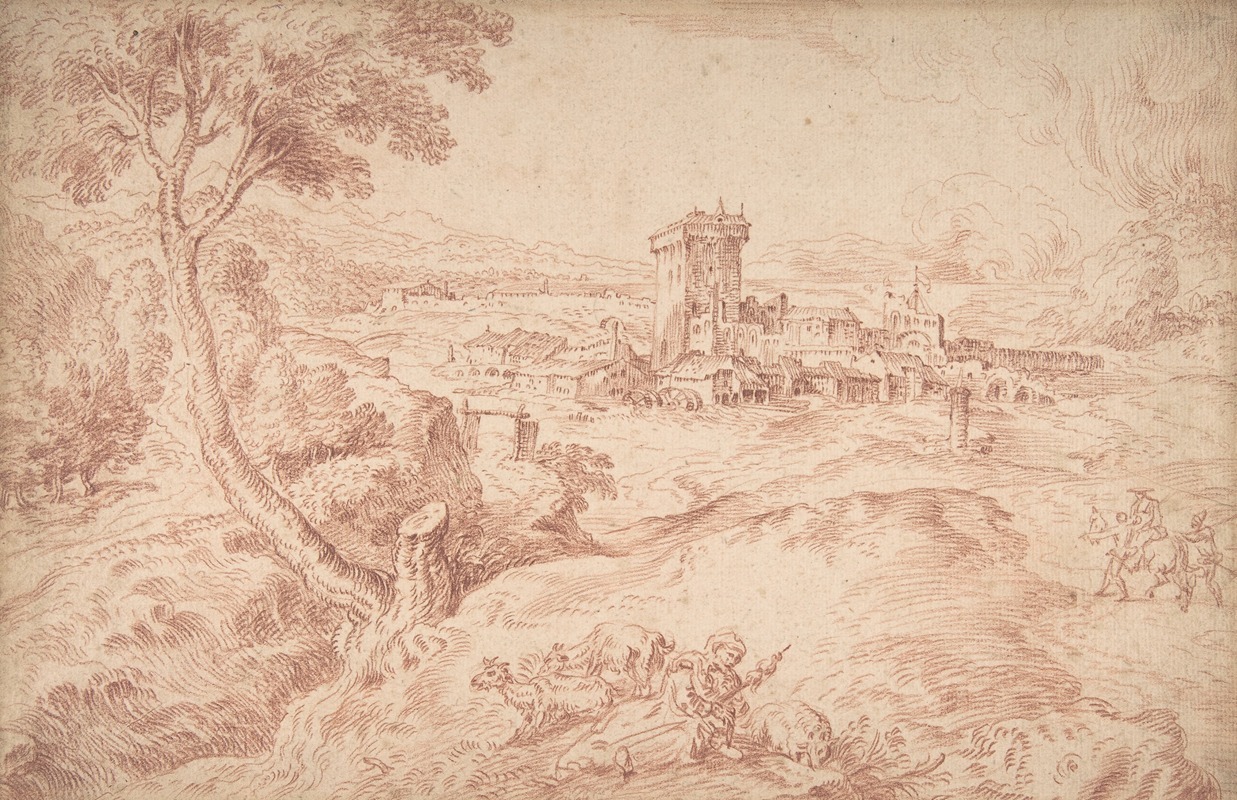 A serene landscape featuring an old woman with a spindle.