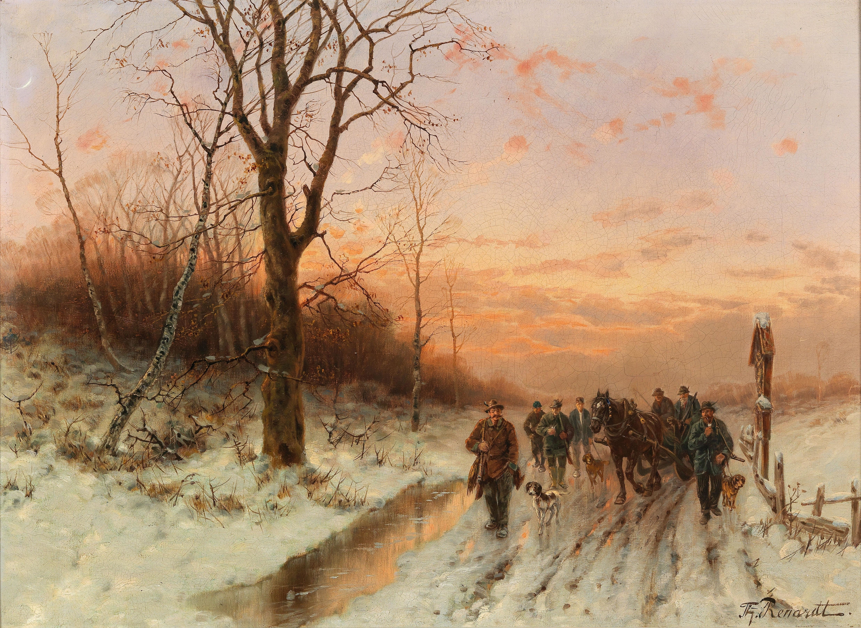 Genre scene depicting a hunt at sunset, oil painting by Désiré Thomassin