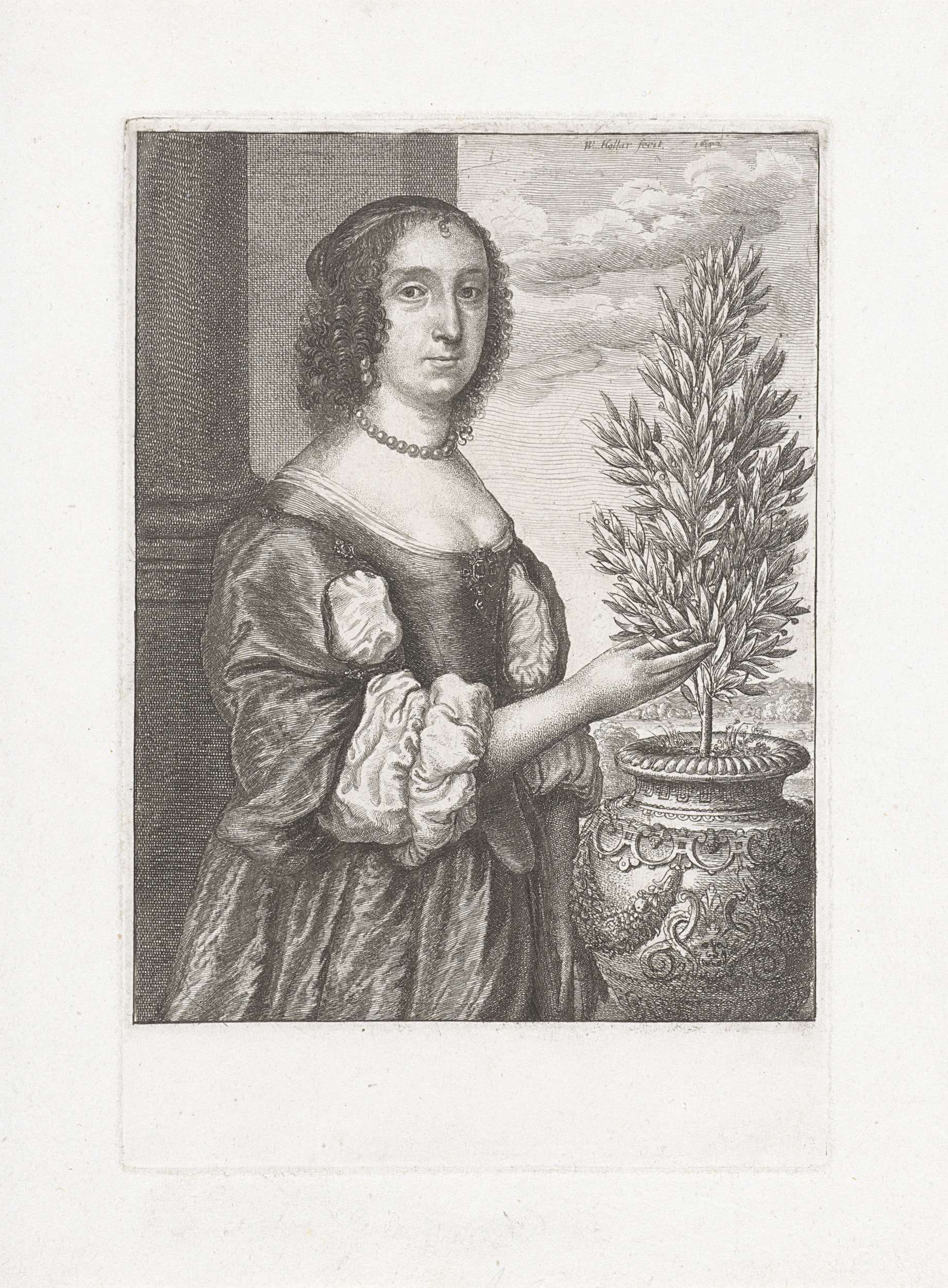 Etching by Wenceslaus Hollar of a standing woman next to a laurel plant