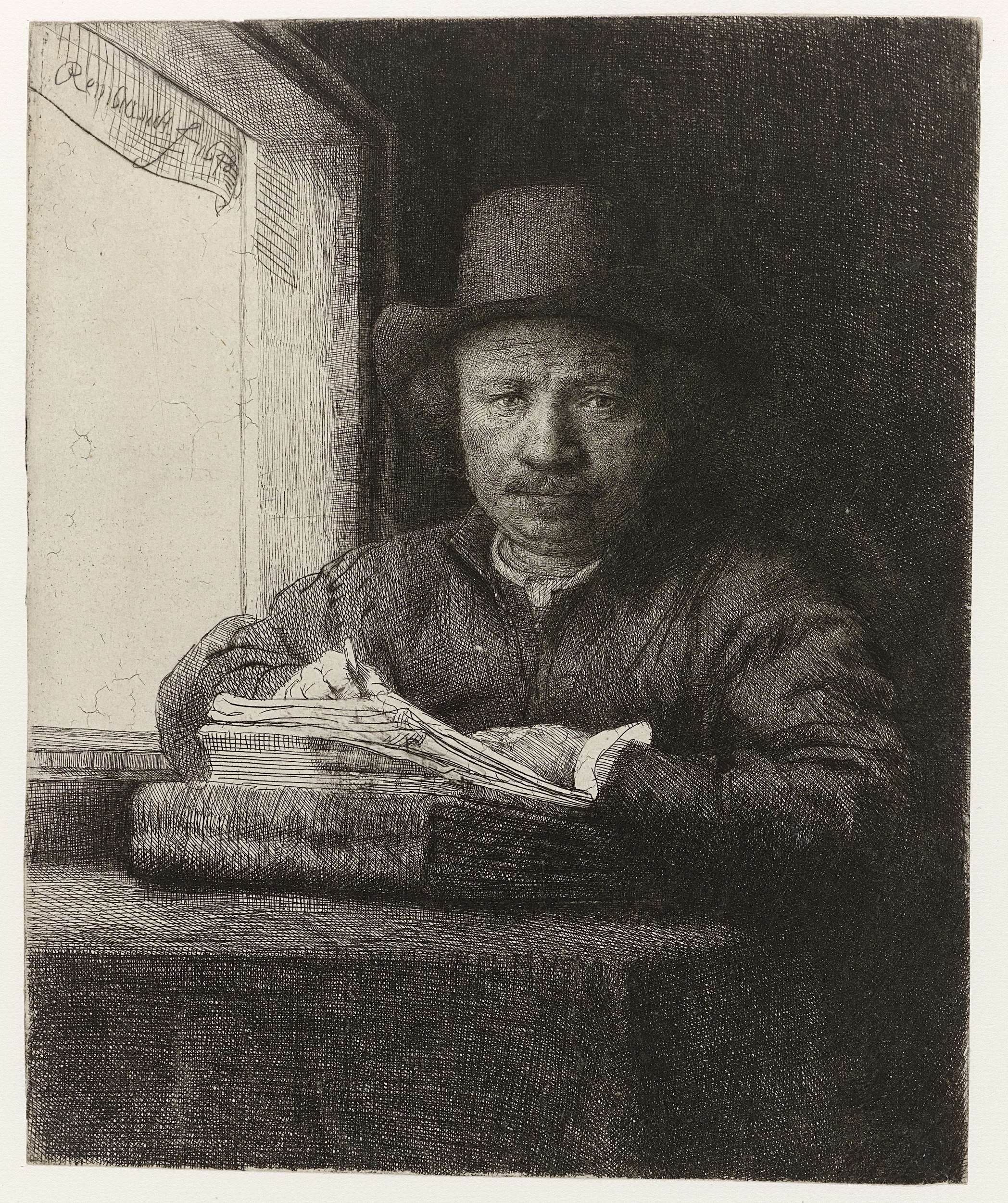 Self-portrait etching by Rembrandt van Rijn at a window, wearing a hat