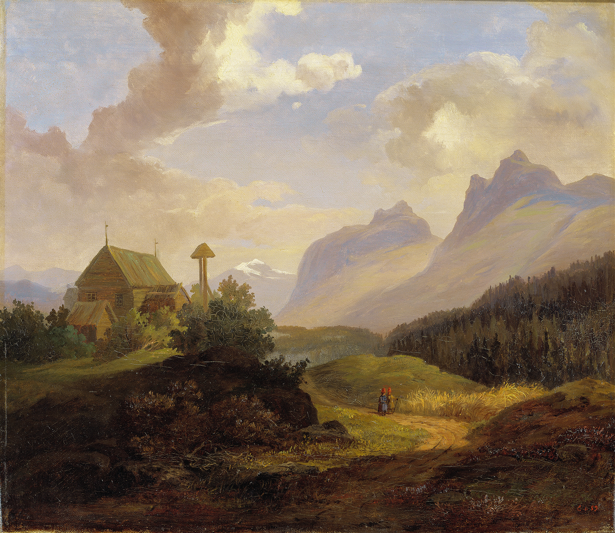Scenery from Kvikkjokk by Charles XV of Sweden, oil on canvas depicting a forested hillside and sky.