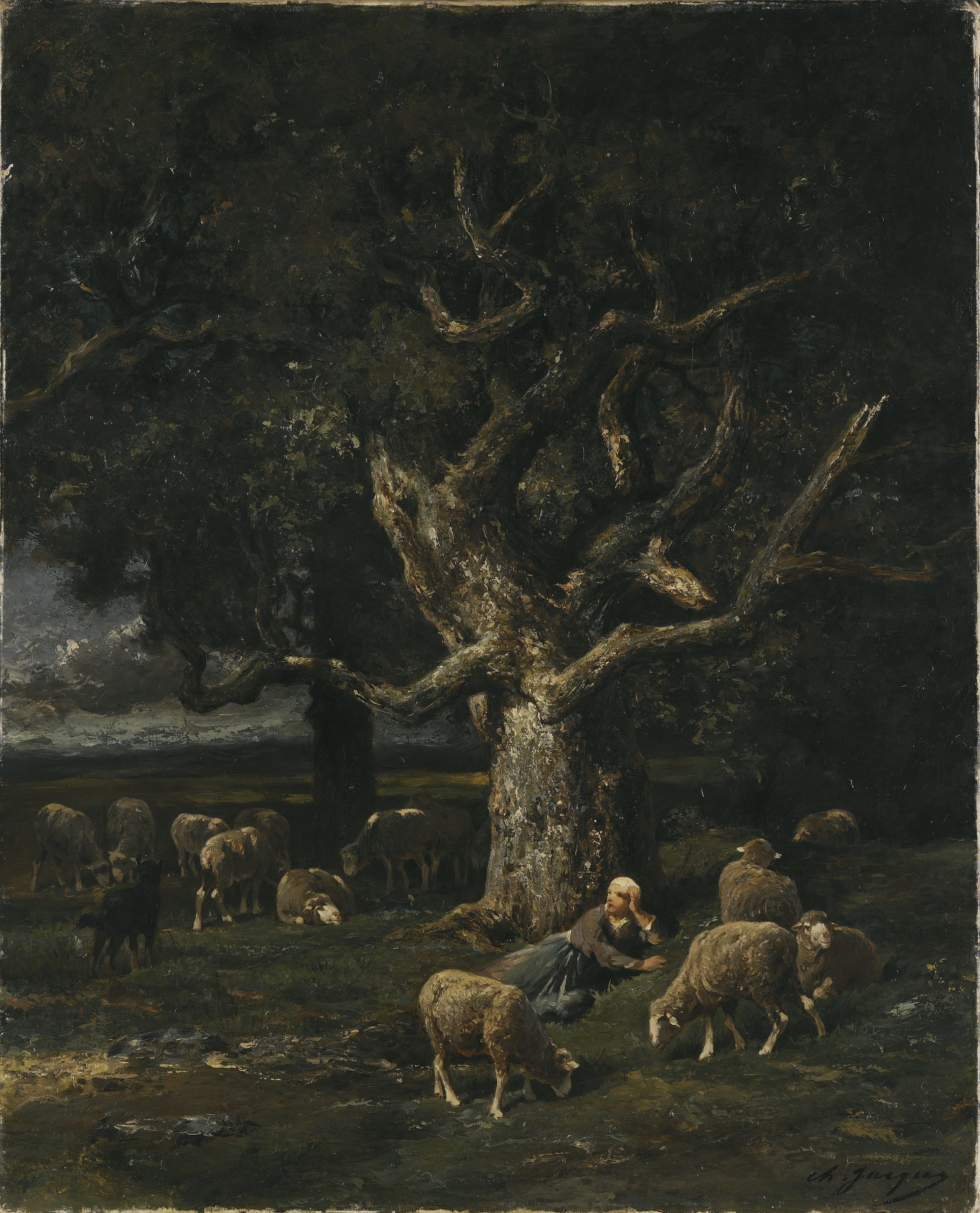 A shepherdess with sheep in a serene landscape, oil on canvas by Charles Emile Jacque