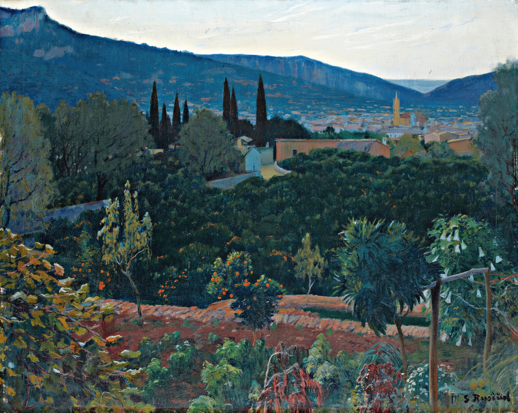 El Valle, Soller by Santiago Rusiñol, oil painting depicting a serene valley with trees and mountains.